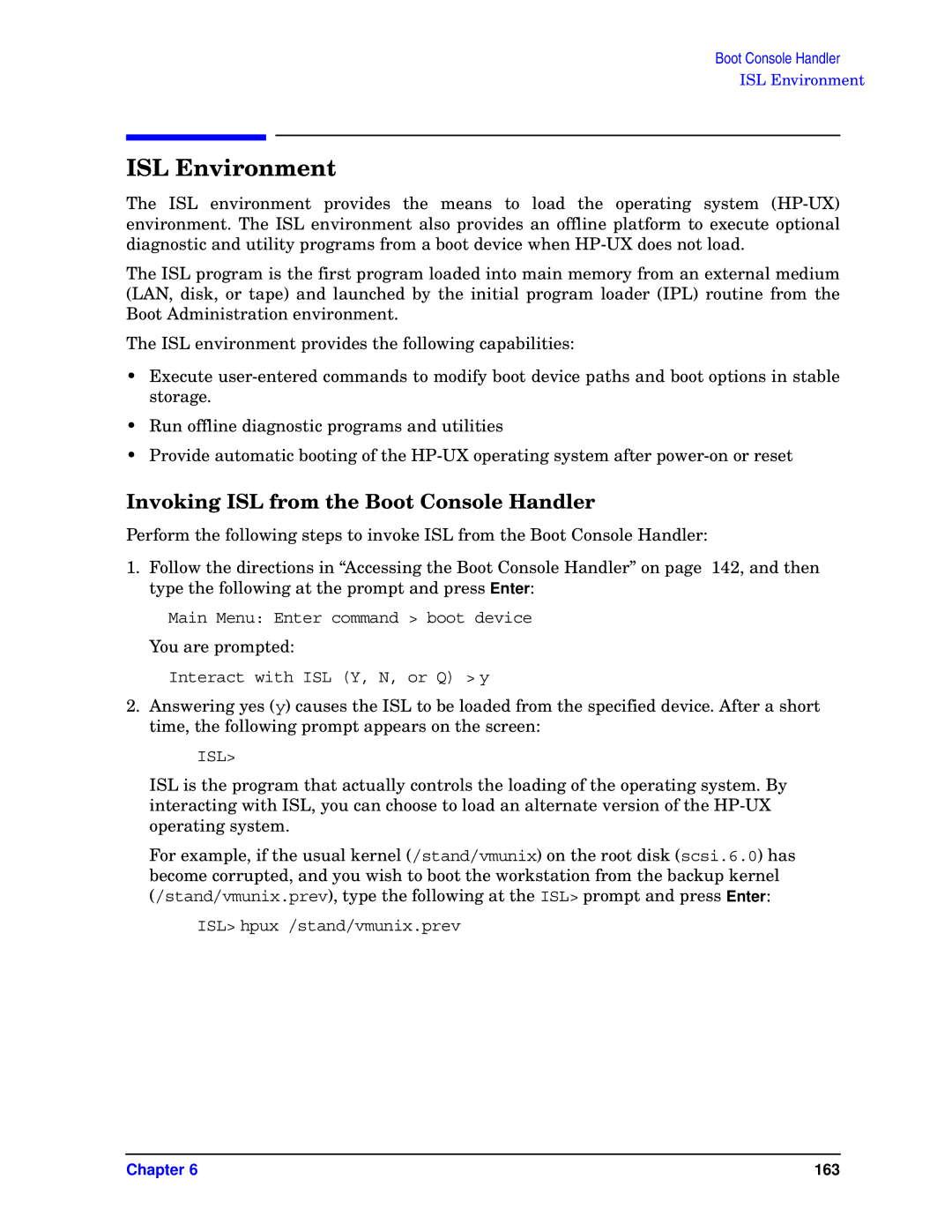 HP unix manual ISL Environment, Invoking ISL from the Boot Console Handler 