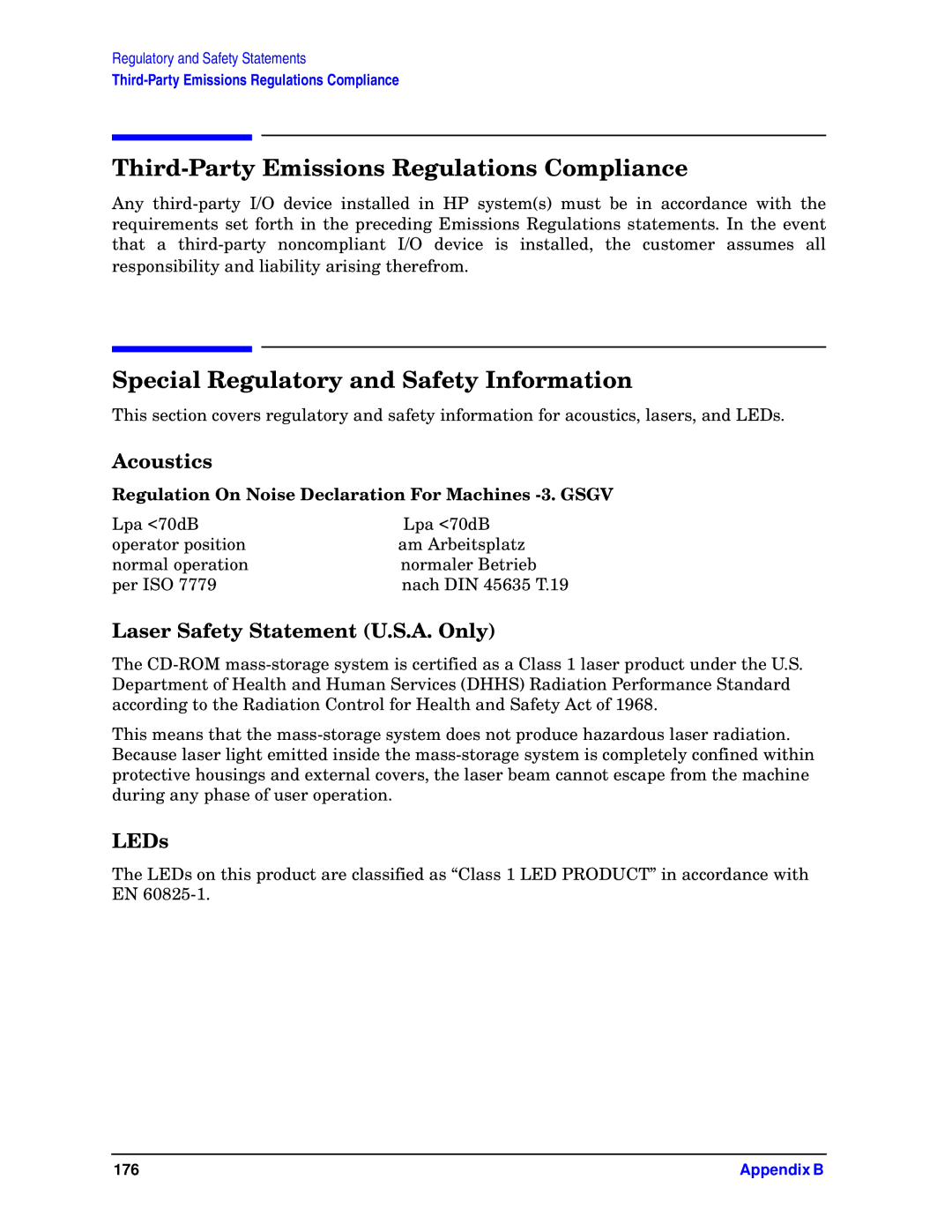 HP unix manual Third-Party Emissions Regulations Compliance, Special Regulatory and Safety Information, Acoustics, LEDs 