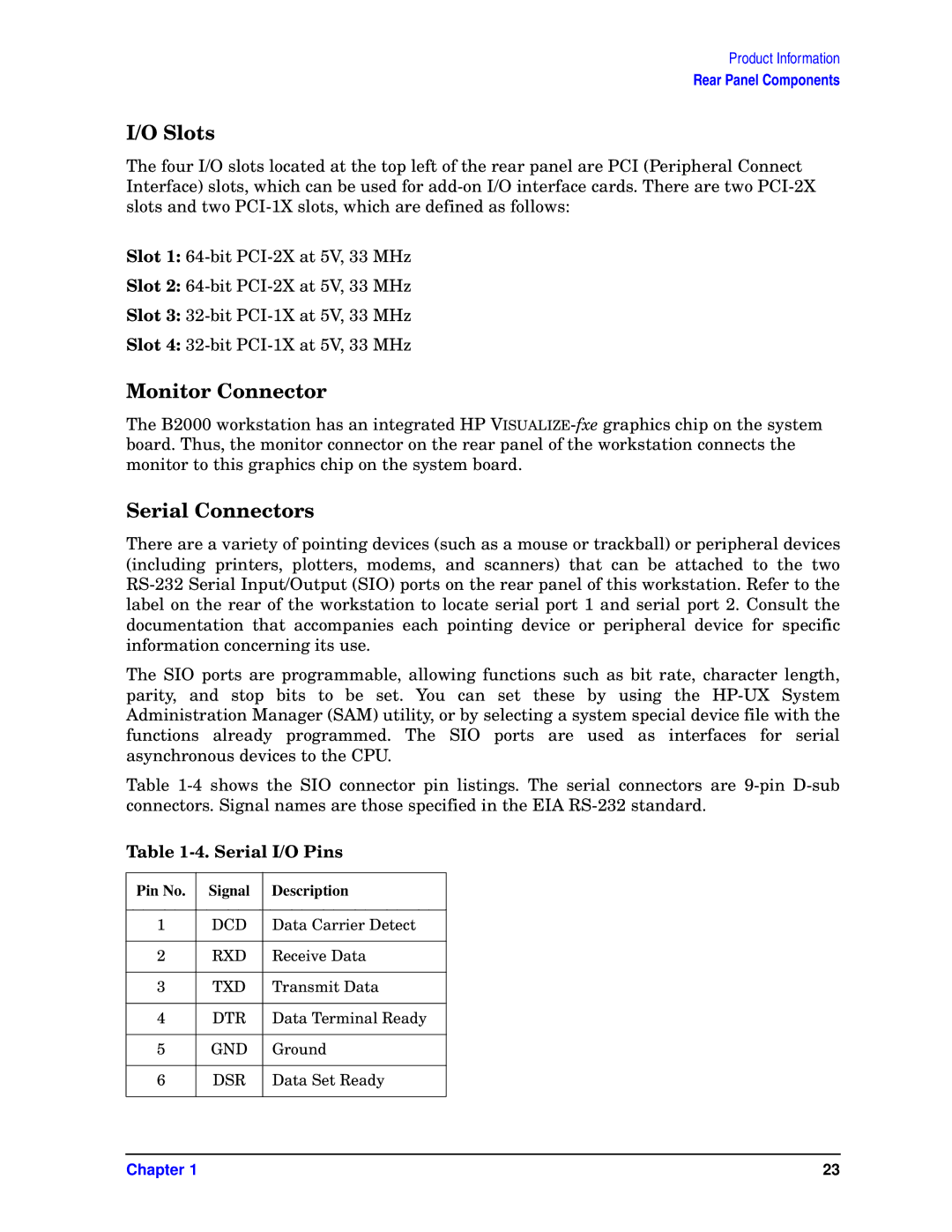 HP unix manual Slots, Monitor Connector, Serial Connectors, Serial I/O Pins, Pin No Signal Description 