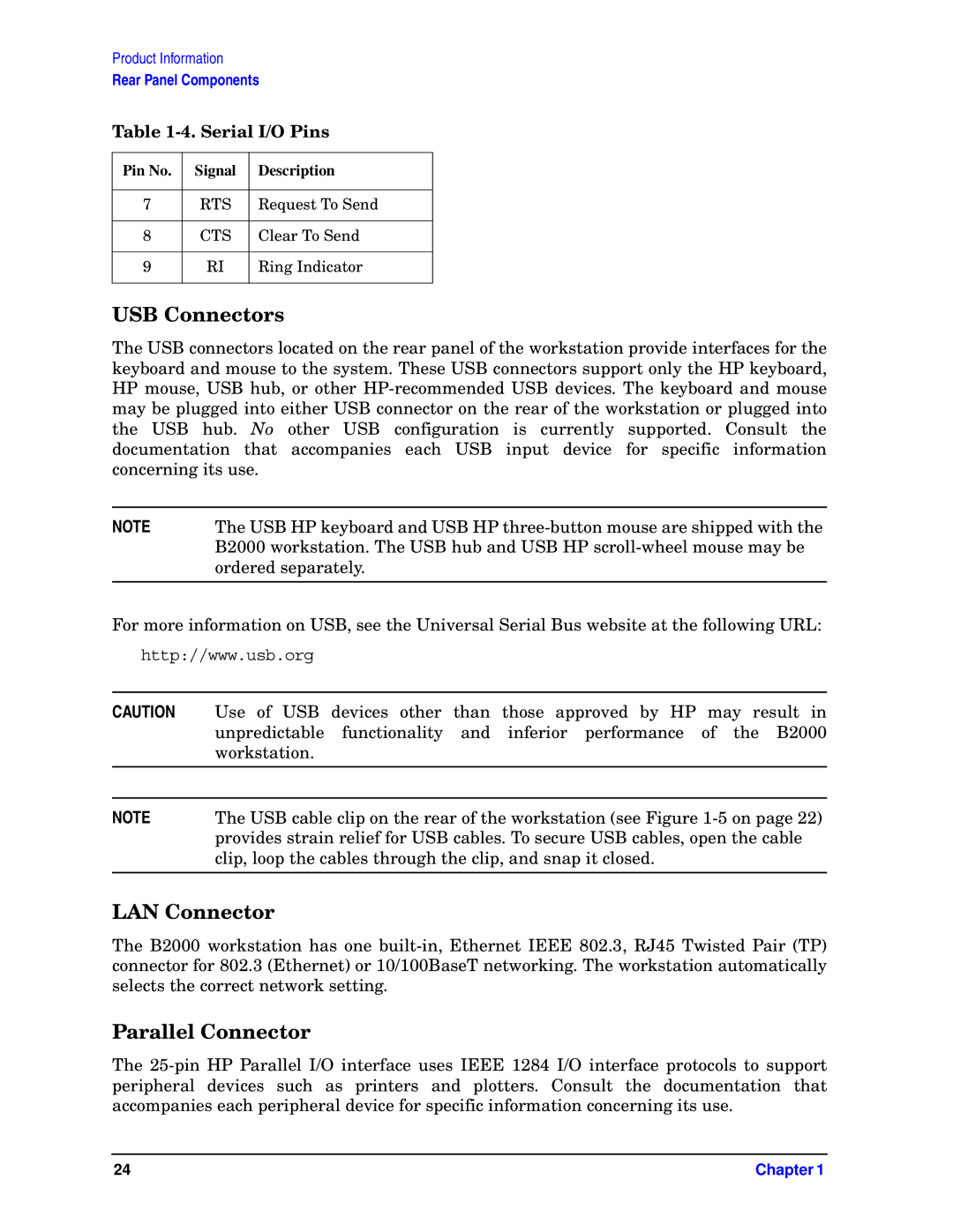 HP unix manual USB Connectors, LAN Connector, Parallel Connector 