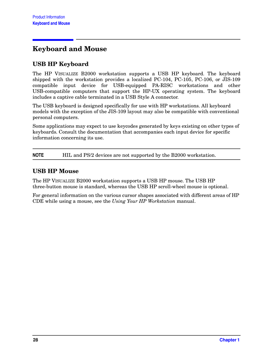 HP unix manual Keyboard and Mouse, USB HP Keyboard, USB HP Mouse 