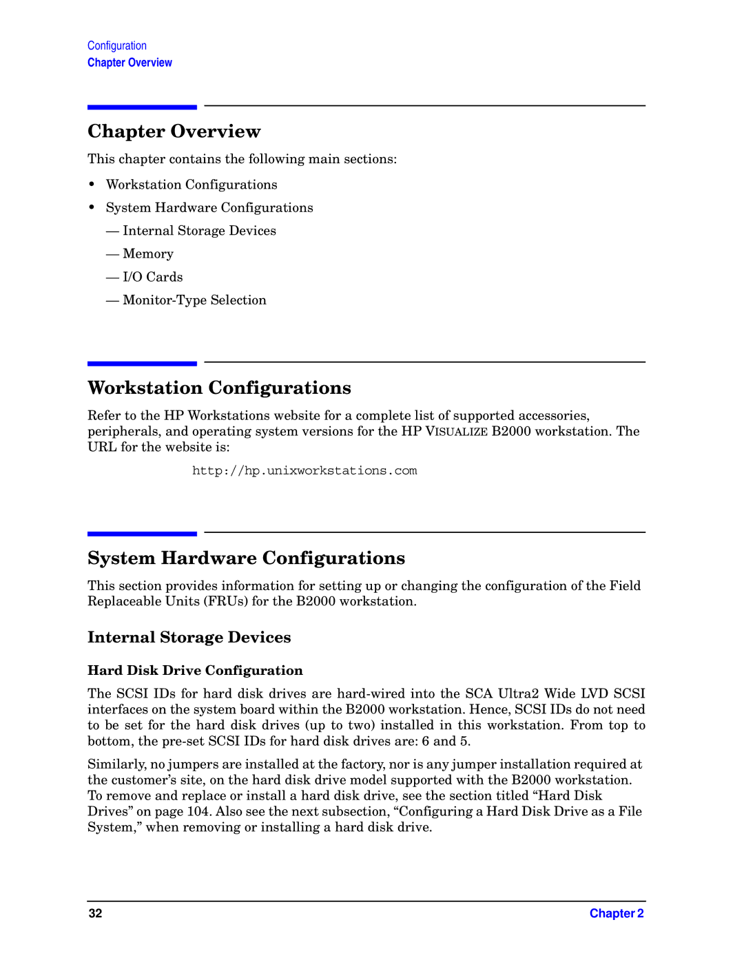 HP unix manual Workstation Configurations, System Hardware Configurations, Hard Disk Drive Configuration 