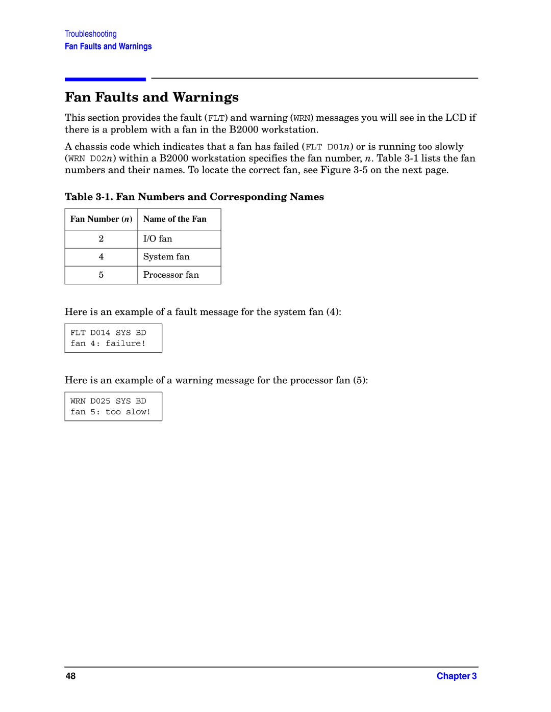 HP unix manual Fan Faults and Warnings, Fan Numbers and Corresponding Names, Fan Number n Name of the Fan 