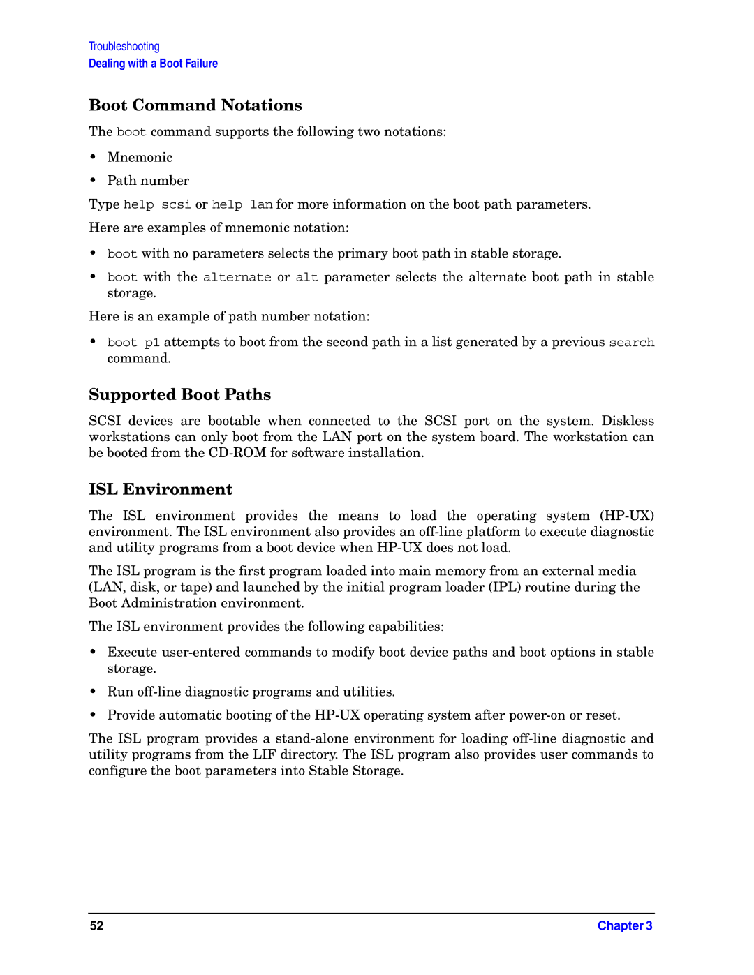 HP unix manual Boot Command Notations, Supported Boot Paths, ISL Environment 