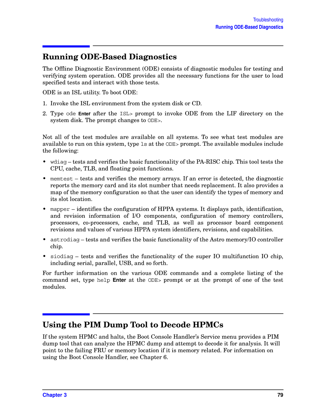 HP unix manual Running ODE-Based Diagnostics, Using the PIM Dump Tool to Decode HPMCs 