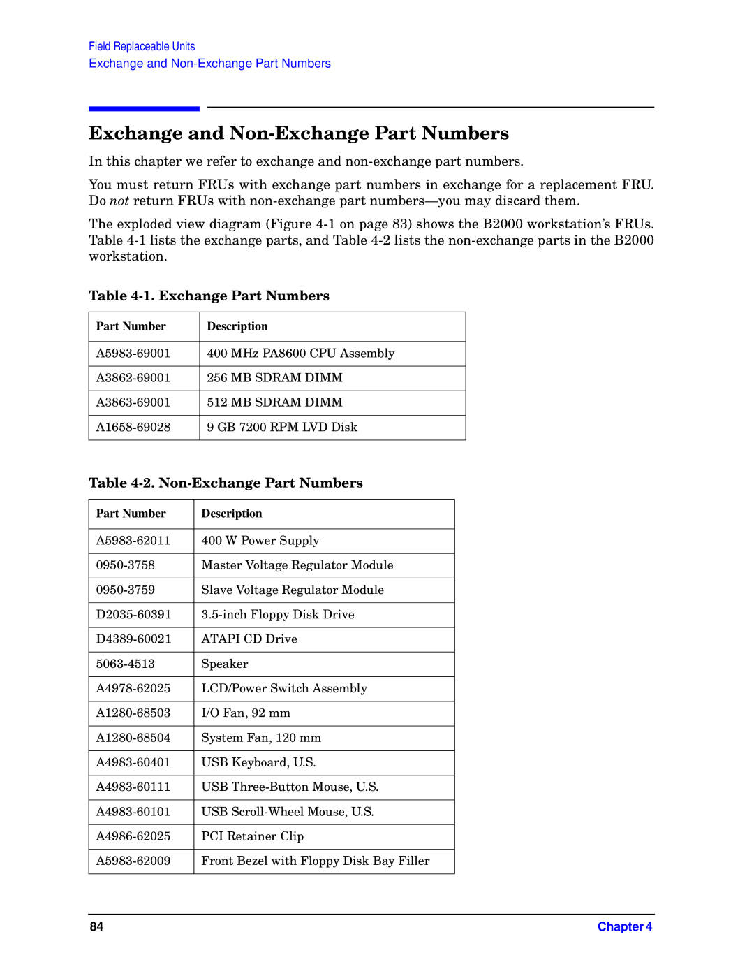 HP unix manual Exchange and Non-Exchange Part Numbers, Part Number Description 