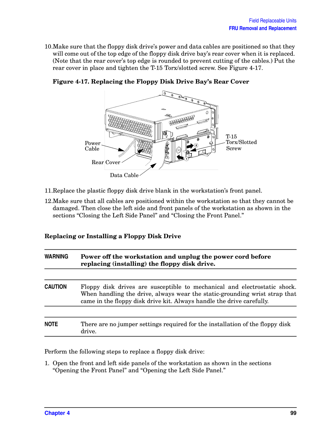 HP unix manual Replacing the Floppy Disk Drive Bay’s Rear Cover, Replacing or Installing a Floppy Disk Drive 