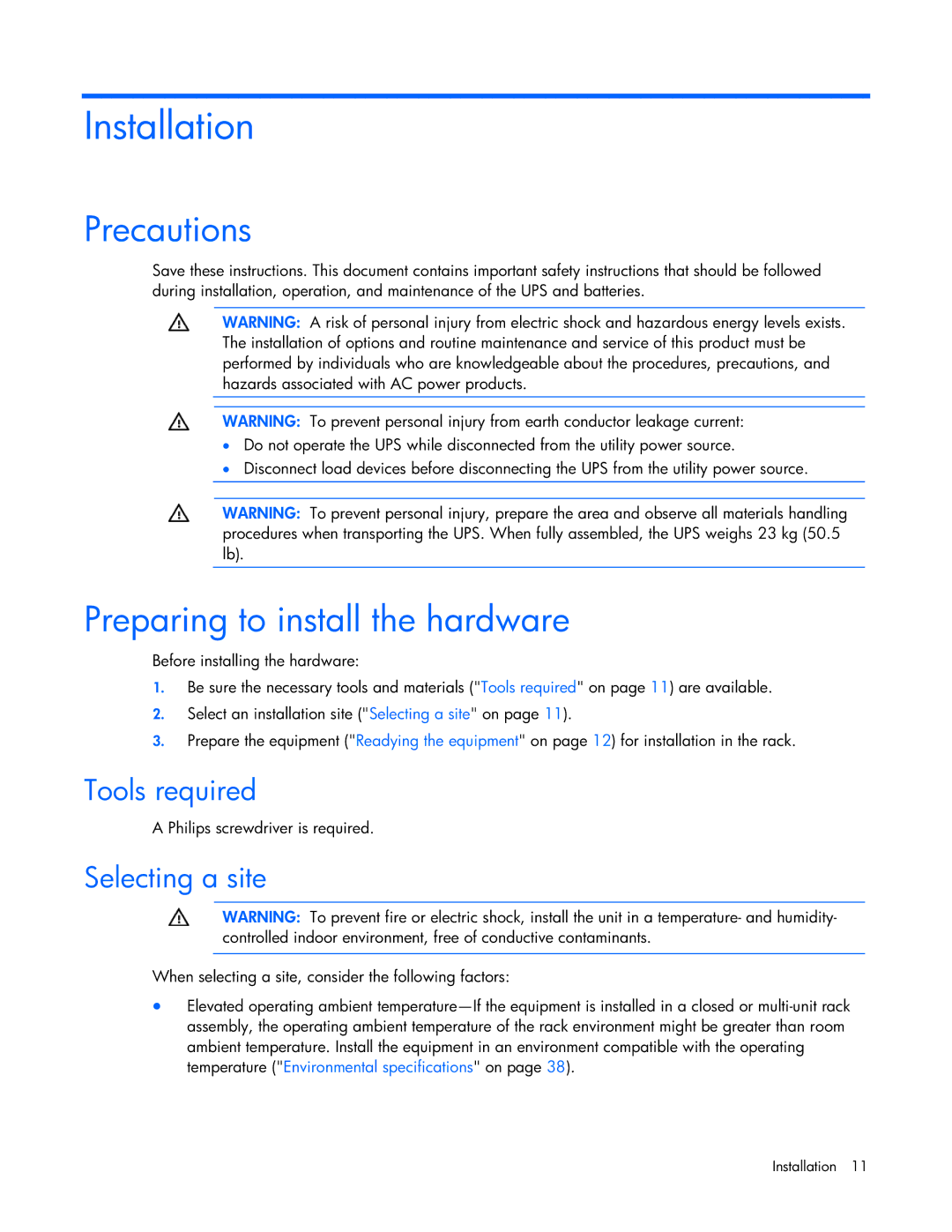 HP UPS R1500 GENERATION 2 Installation, Precautions, Preparing to install the hardware, Tools required, Selecting a site 