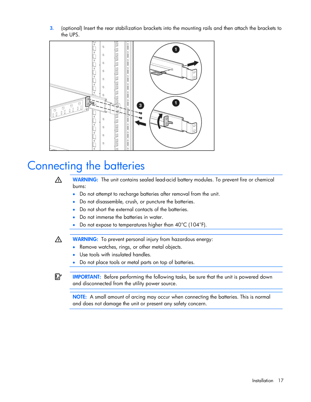 HP UPS R1500 GENERATION 2 manual Connecting the batteries 