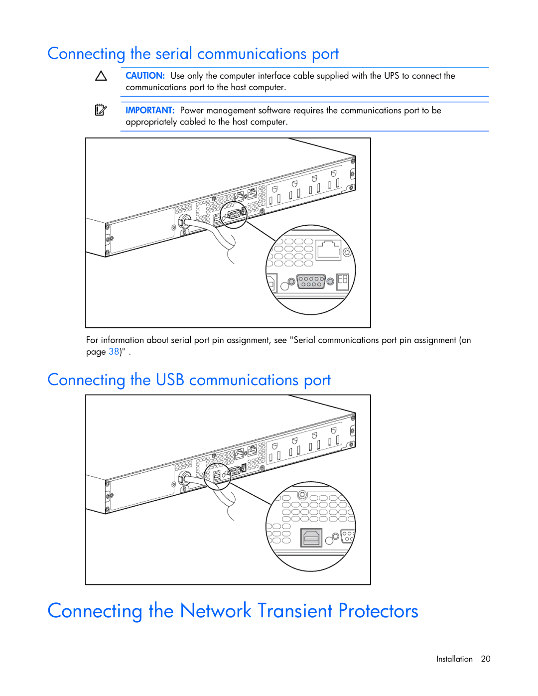 HP UPS R1500 GENERATION 2 manual Connecting the Network Transient Protectors, Connecting the serial communications port 