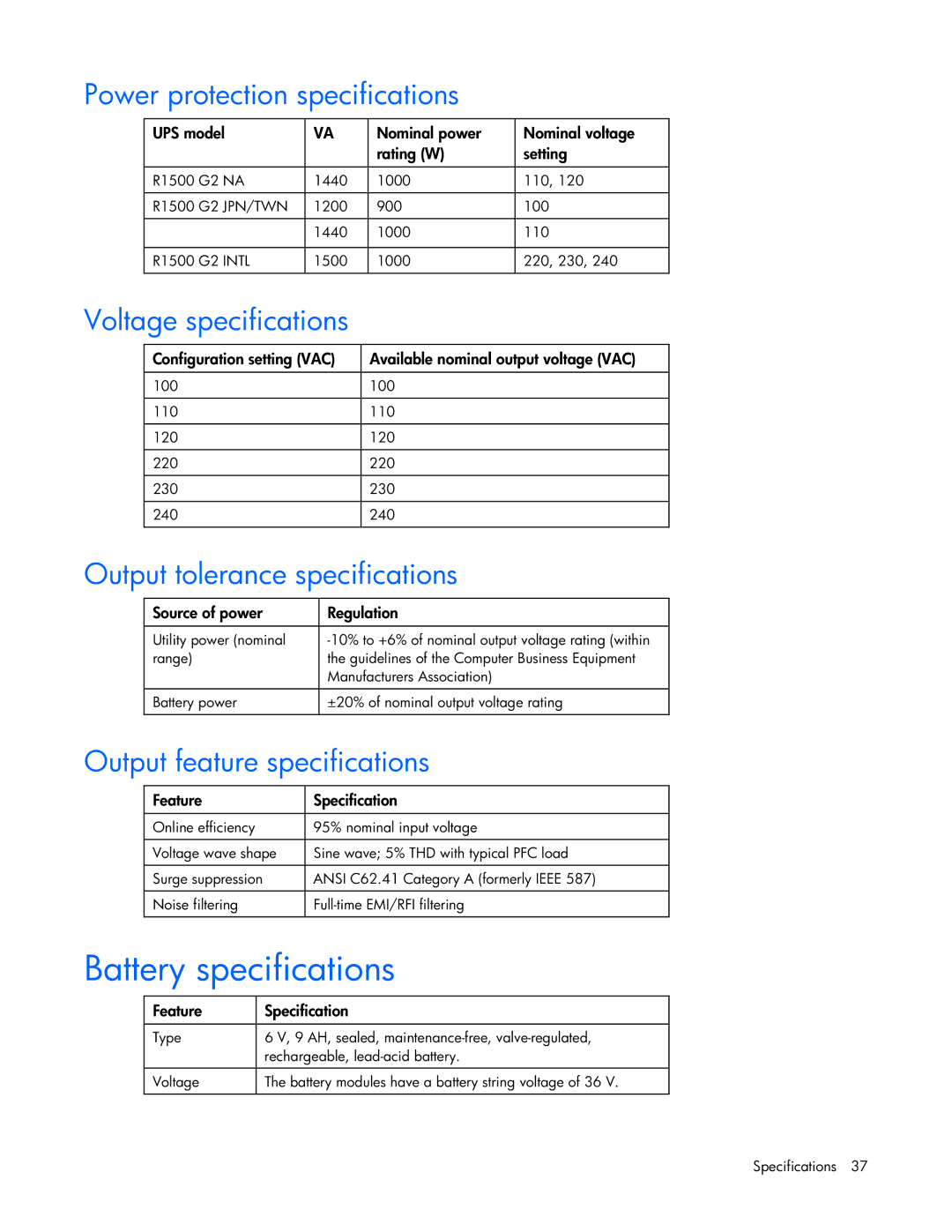 HP UPS R1500 GENERATION 2 manual Battery specifications, Power protection specifications, Voltage specifications 