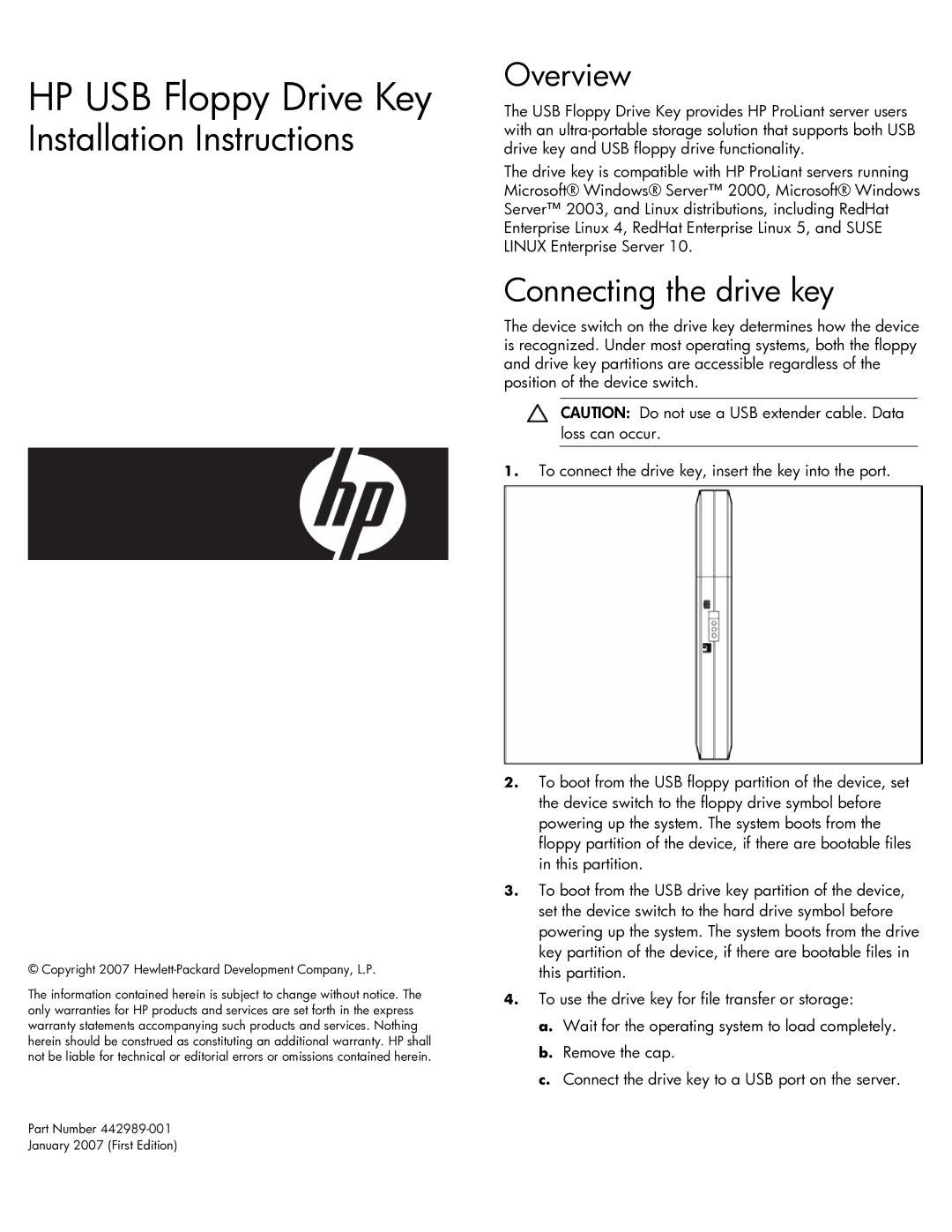 HP USB Floppy Drive Key manual Overview, Connecting the drive key 