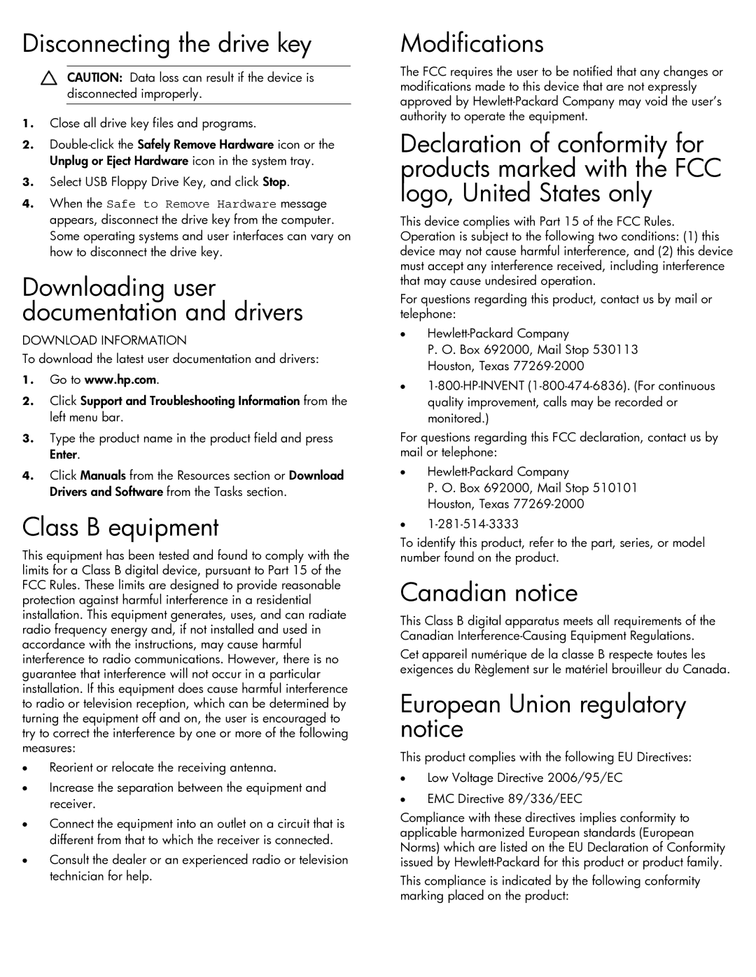 HP USB Floppy Drive Key manual Disconnecting the drive key, Class B equipment, Modifications, Canadian notice 