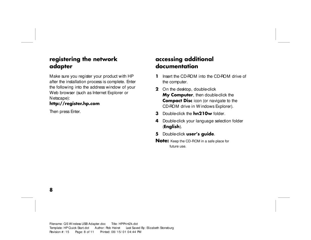 HP USB Network Adapter hn210w manual Registering the network adapter, Accessing additional documentation 