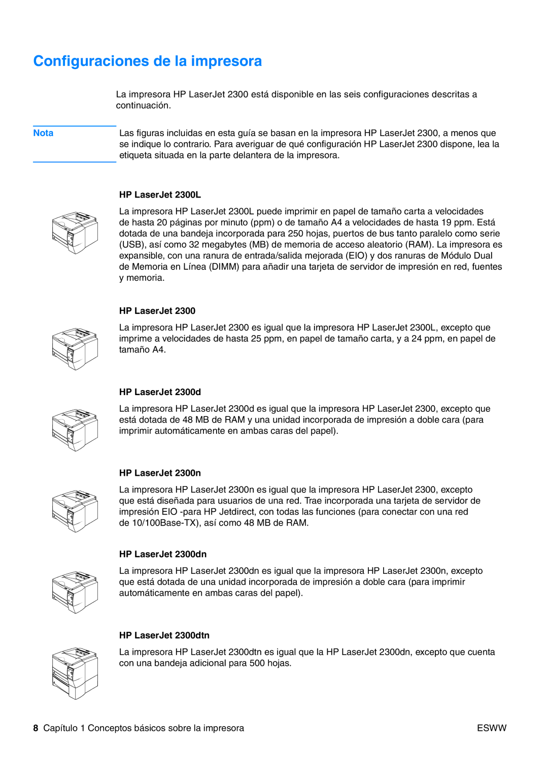 HP USO 2300 manual Configuraciones de la impresora 