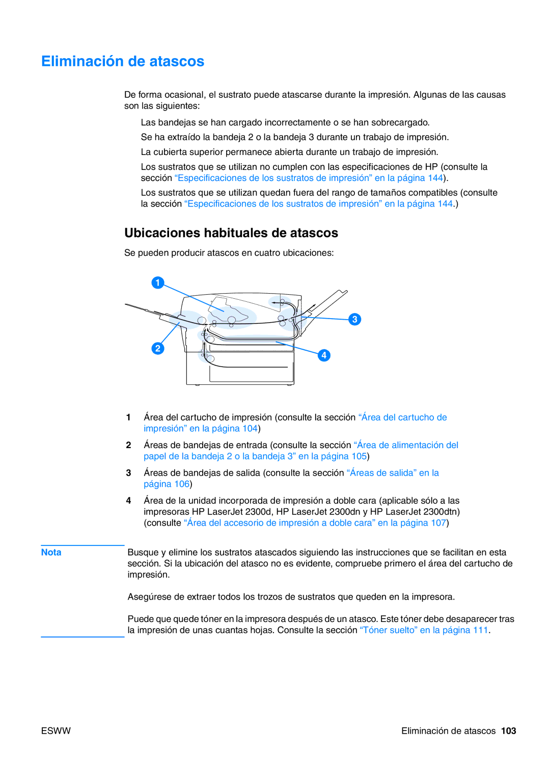 HP USO 2300 manual Eliminación de atascos, Ubicaciones habituales de atascos 