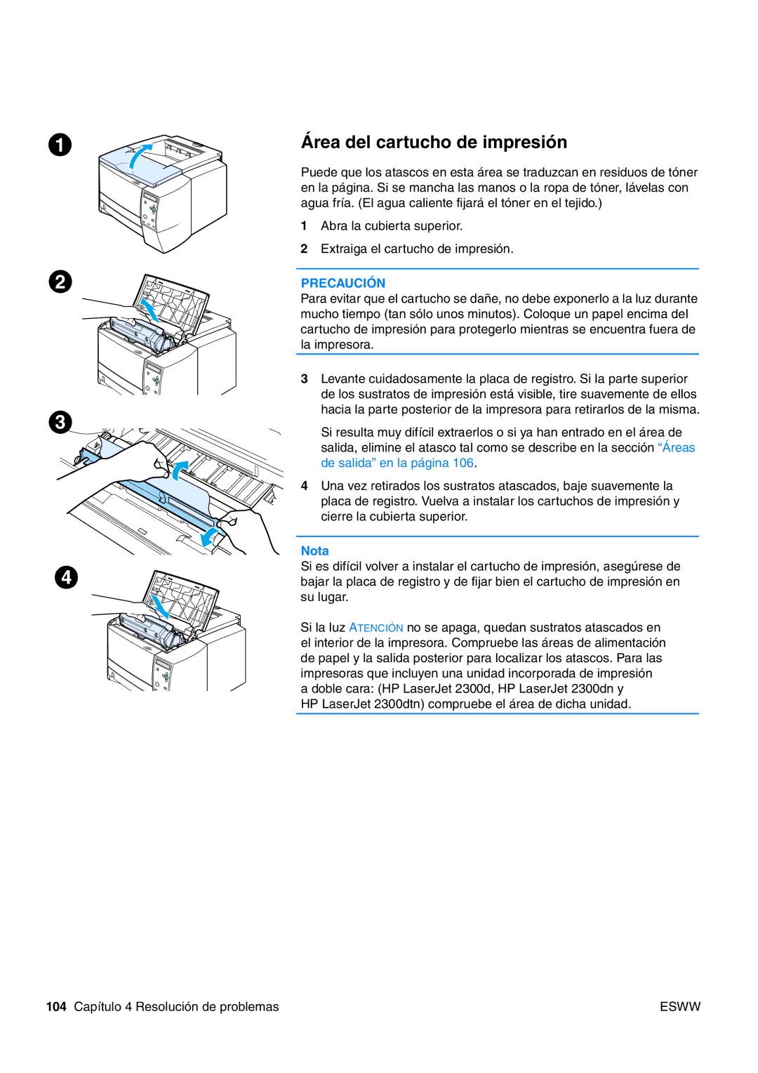 HP USO 2300 manual Área del cartucho de impresión 