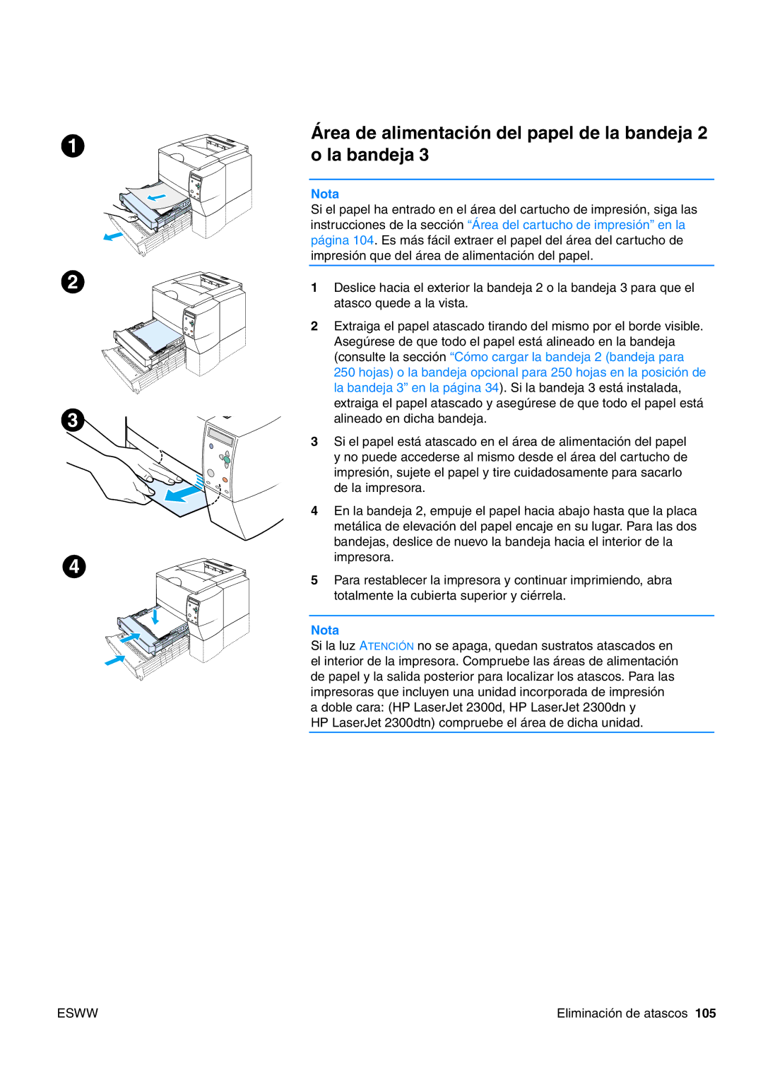 HP USO 2300 manual Área de alimentación del papel de la bandeja 2 o la bandeja 