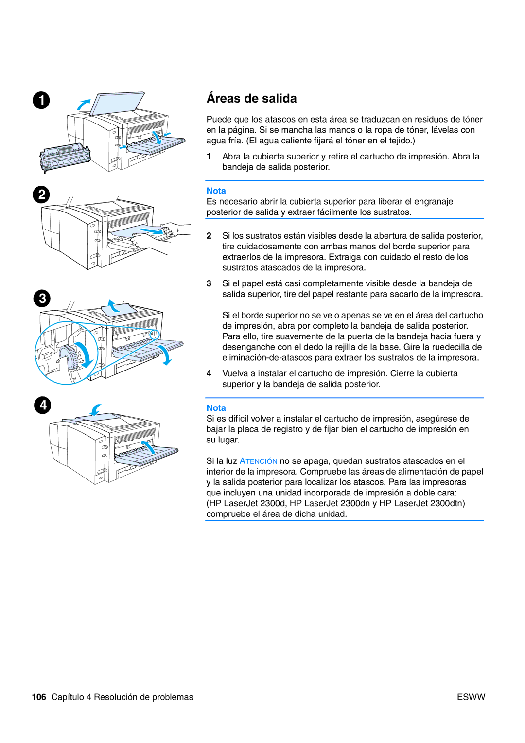 HP USO 2300 manual Áreas de salida 