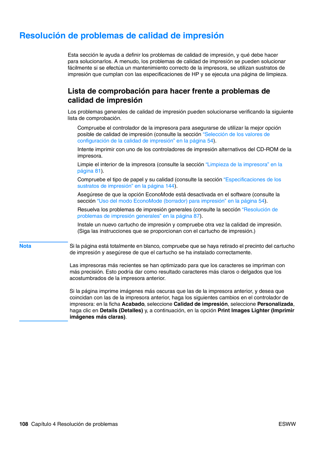 HP USO 2300 manual Resolución de problemas de calidad de impresión, Imágenes más claras 