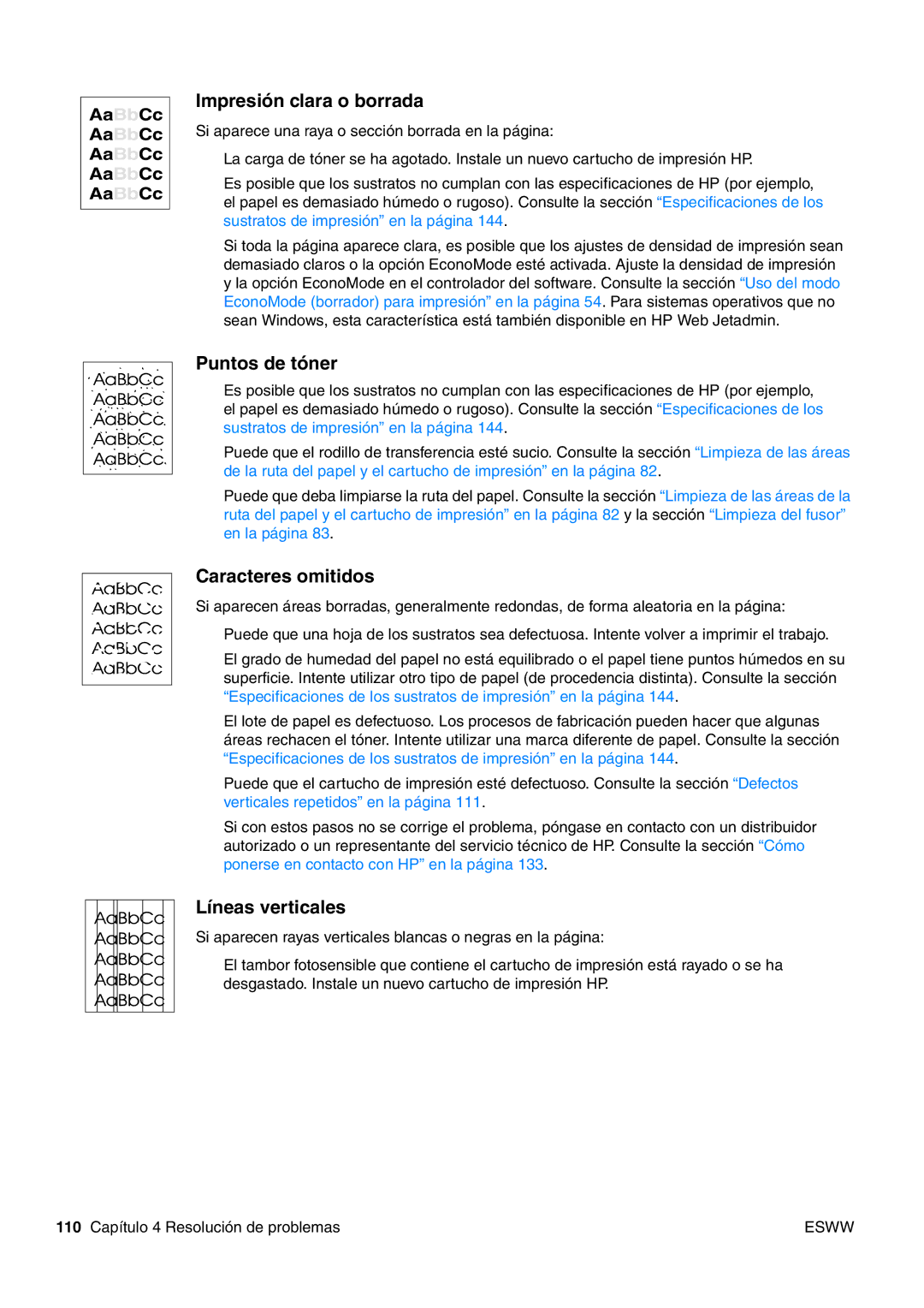 HP USO 2300 manual Impresión clara o borrada, Puntos de tóner, Caracteres omitidos, Líneas verticales 