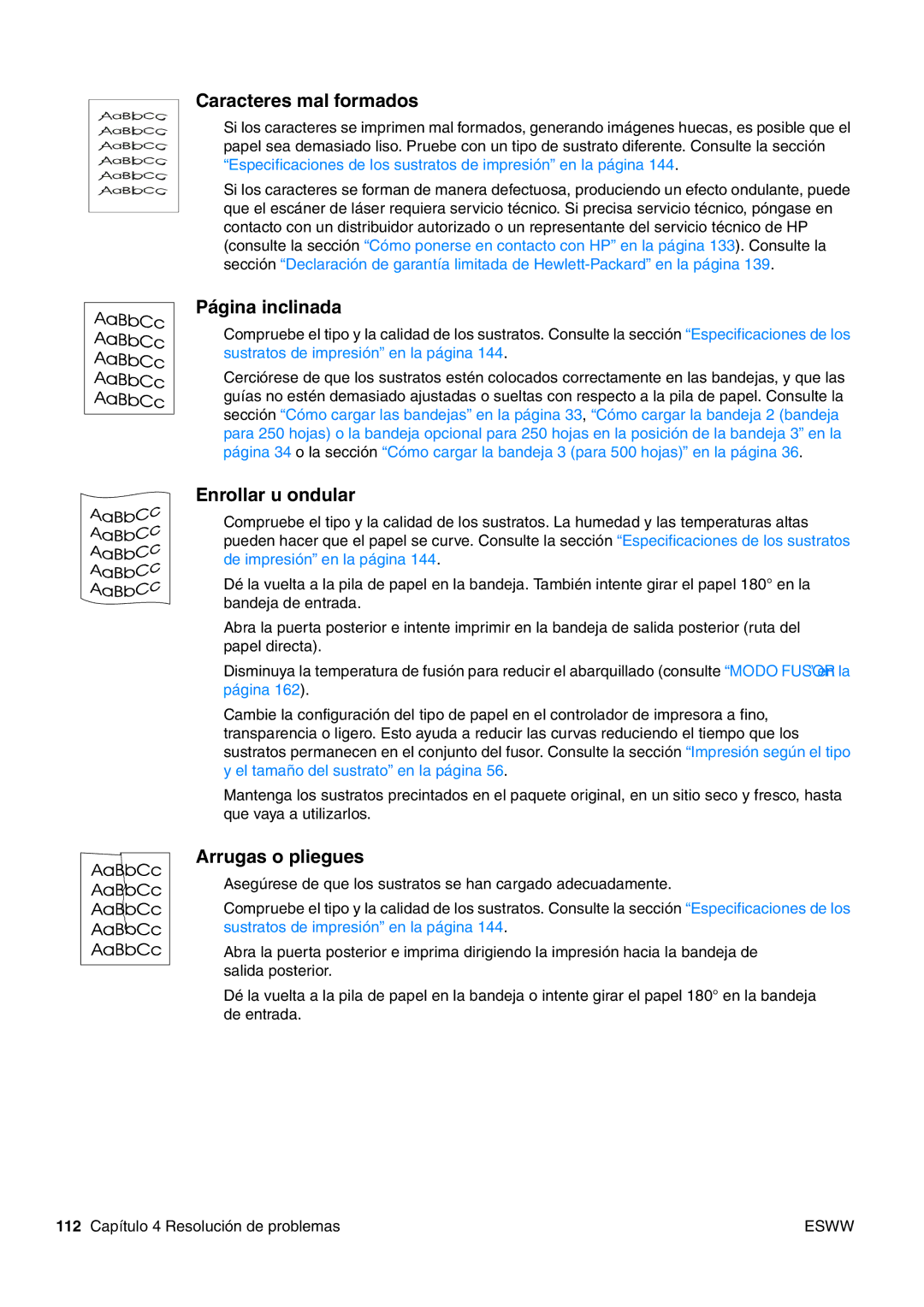 HP USO 2300 manual Caracteres mal formados, Página inclinada, Enrollar u ondular, Arrugas o pliegues 