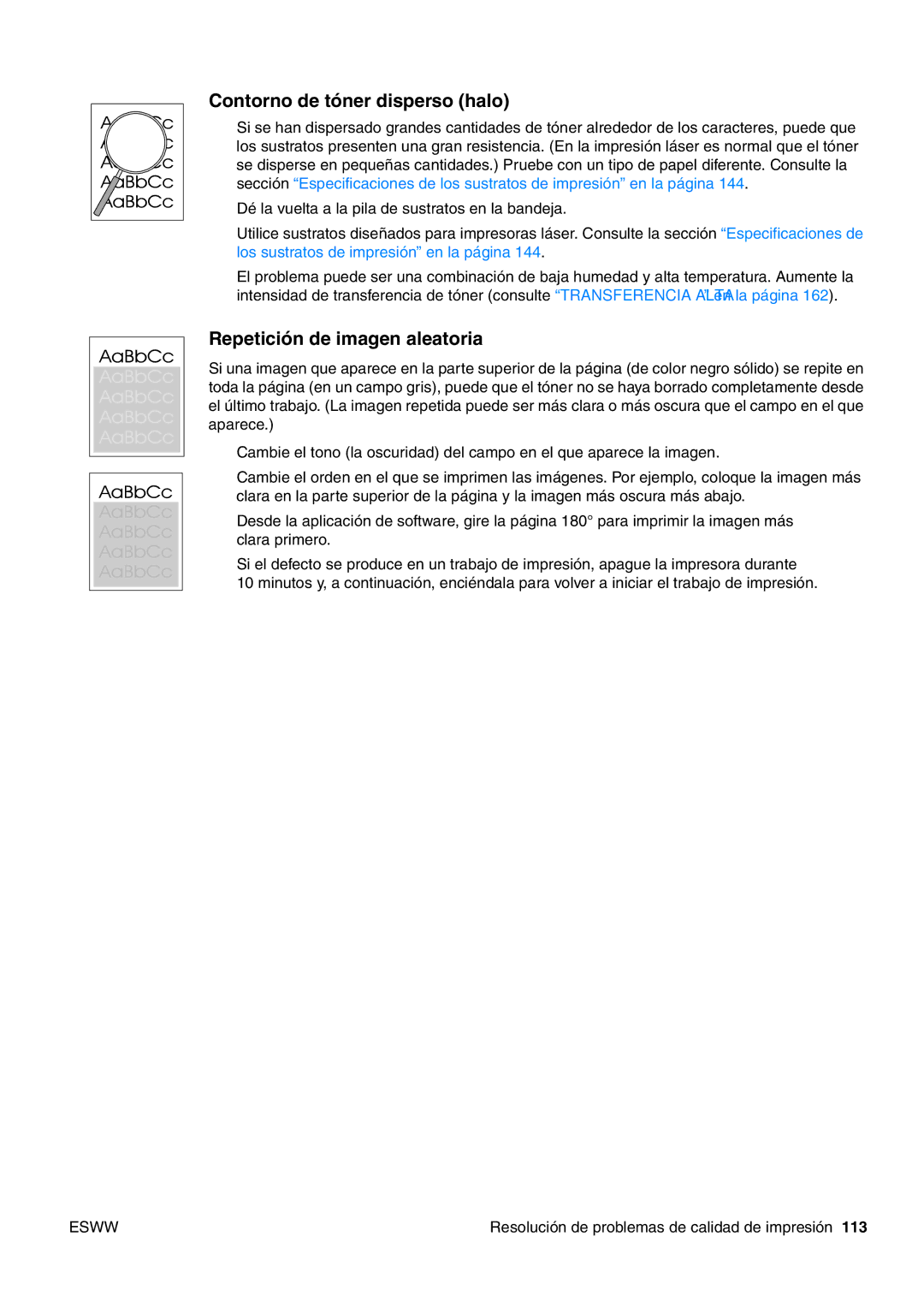 HP USO 2300 manual Contorno de tóner disperso halo, Repetición de imagen aleatoria 