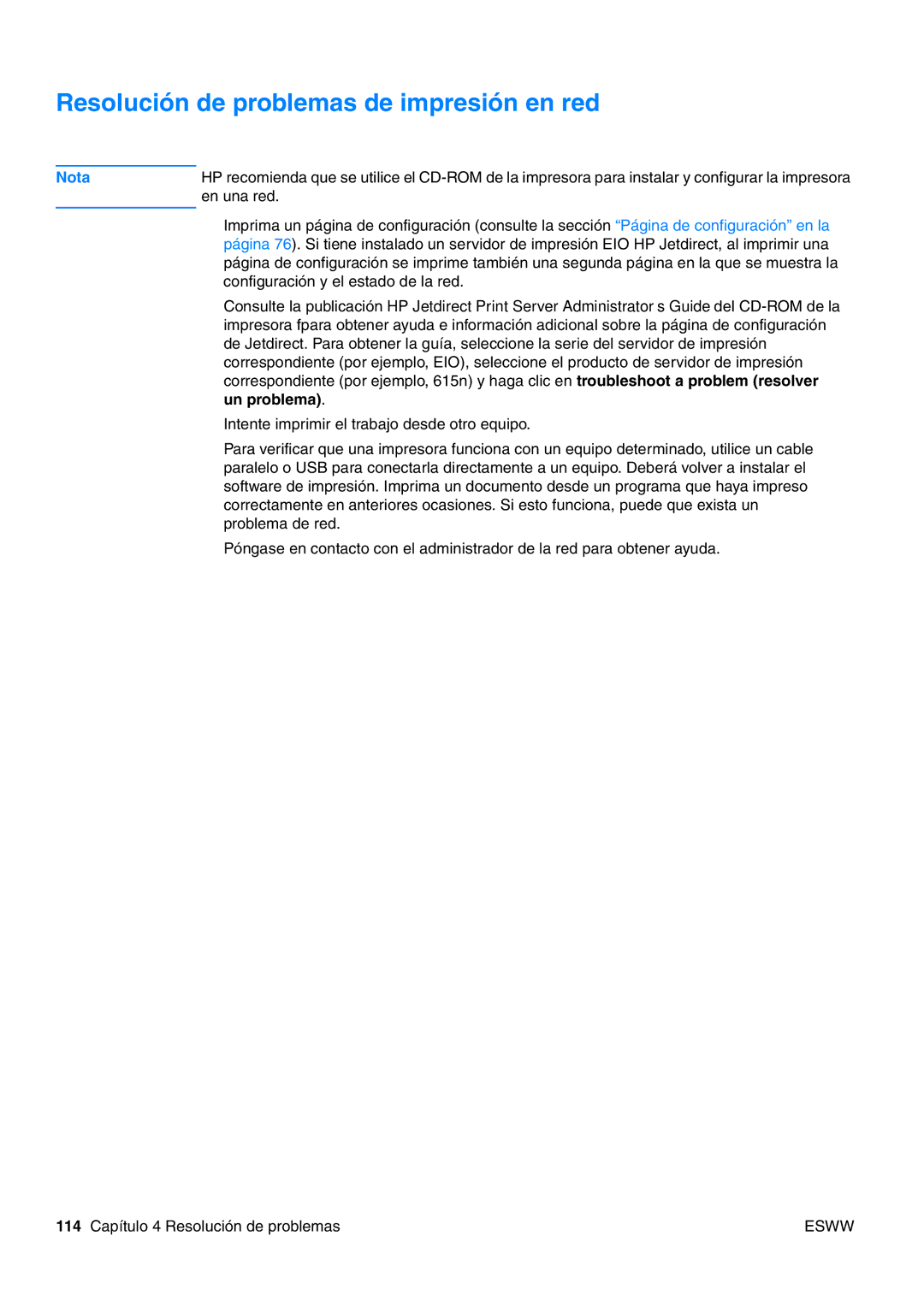 HP USO 2300 manual Resolución de problemas de impresión en red 