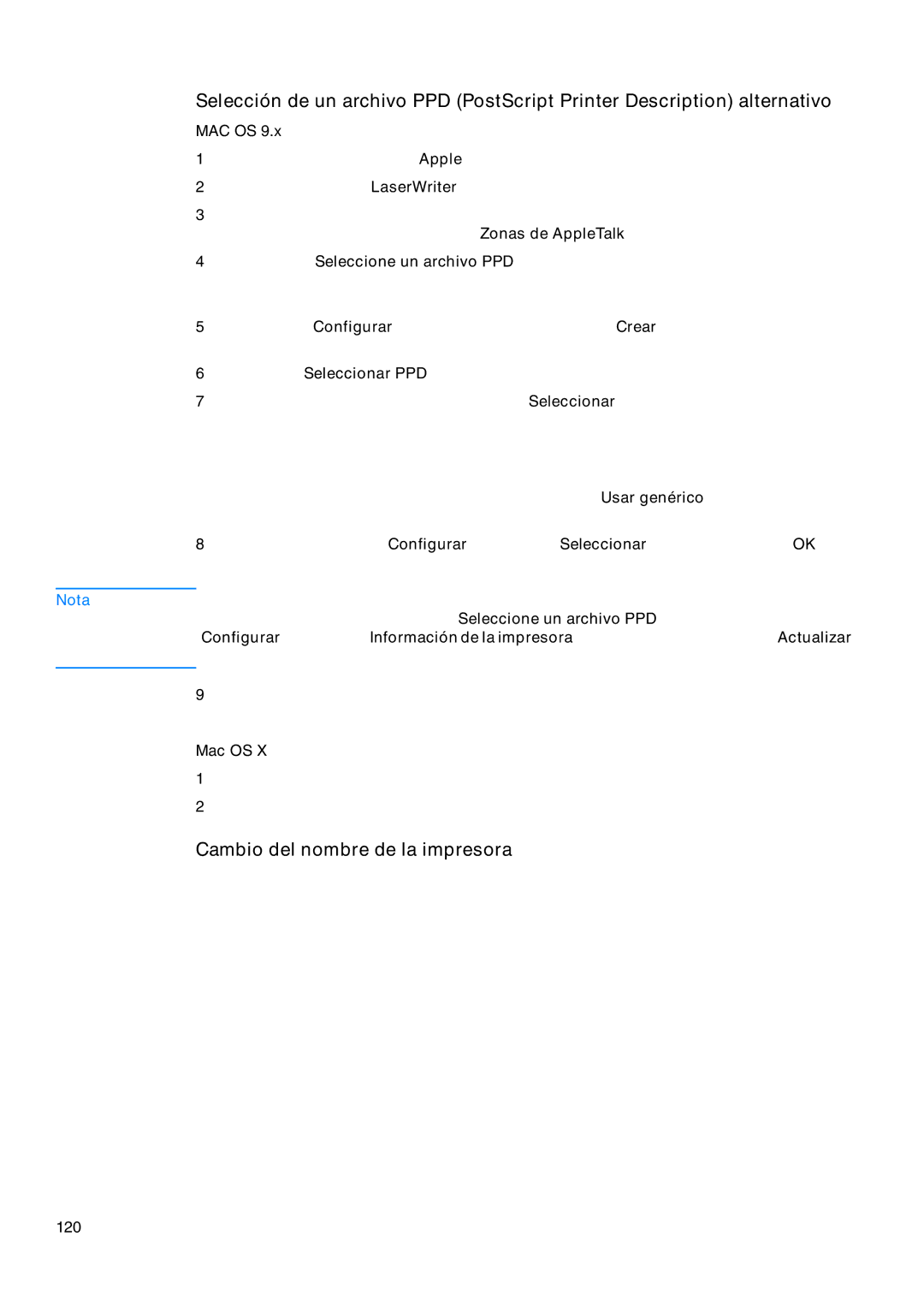 HP USO 2300 manual Cambio del nombre de la impresora, Mac Os, Seleccione Seleccionar PPD 