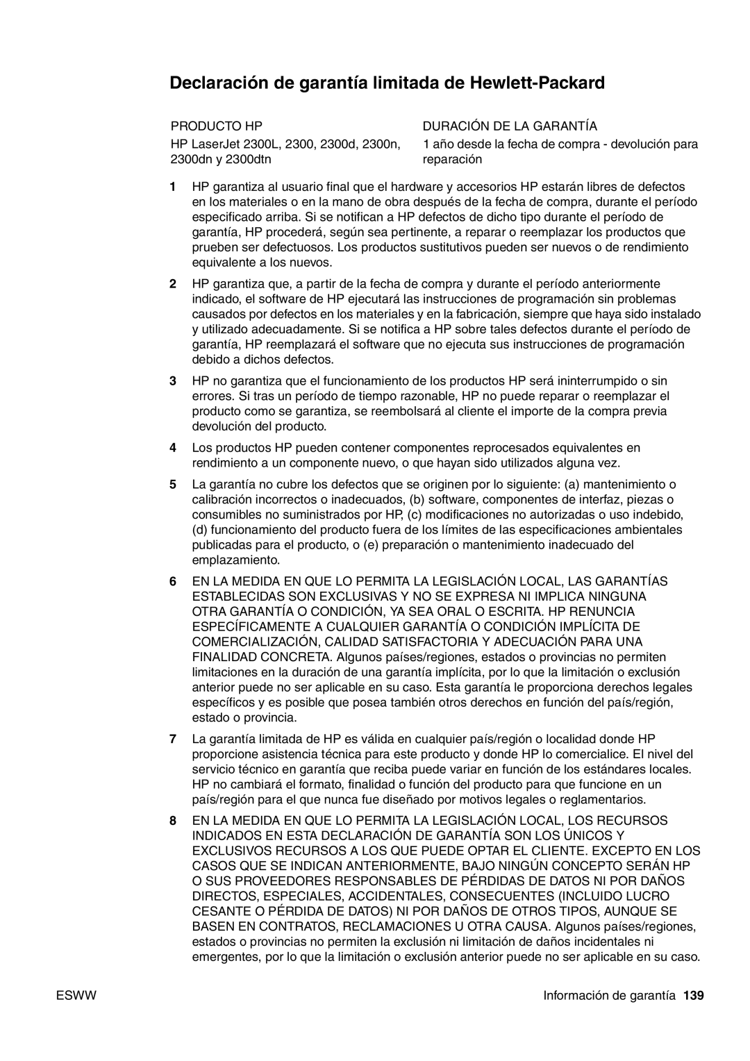 HP USO 2300 manual Declaración de garantía limitada de Hewlett-Packard, Producto Hpduración DE LA Garantía 