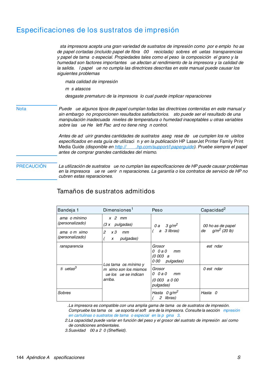 HP USO 2300 manual Especificaciones de los sustratos de impresión, Tamaños de sustratos admitidos 