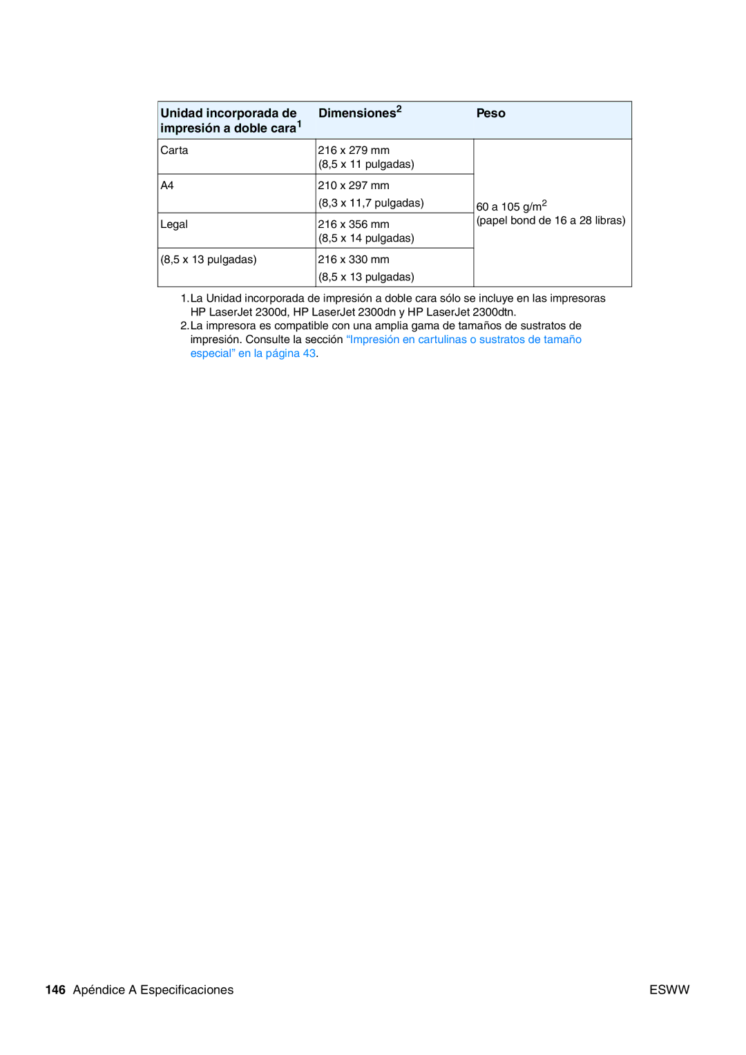 HP USO 2300 manual 146 Apéndice a Especificaciones 
