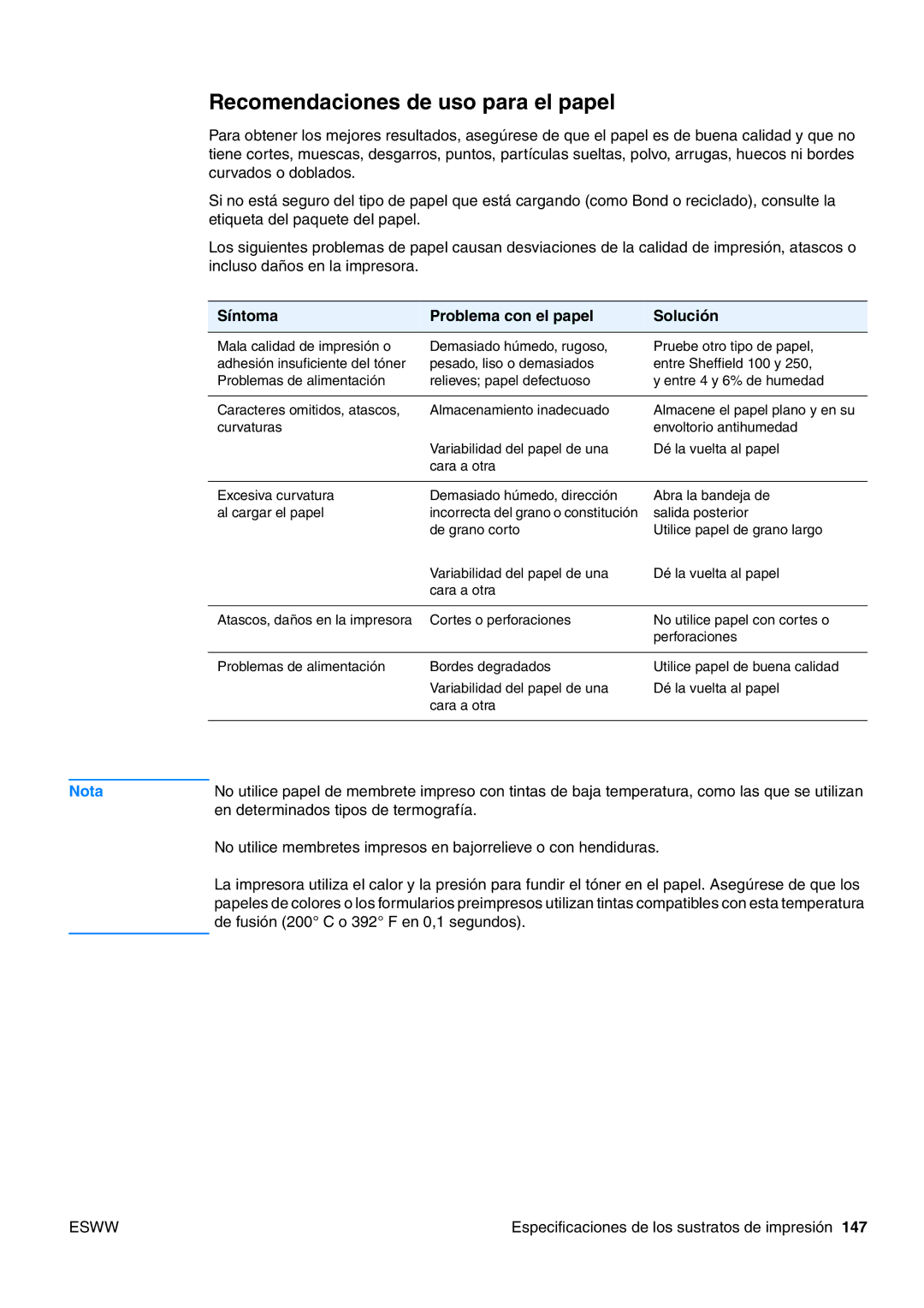 HP USO 2300 manual Recomendaciones de uso para el papel, Síntoma Problema con el papel Solución 