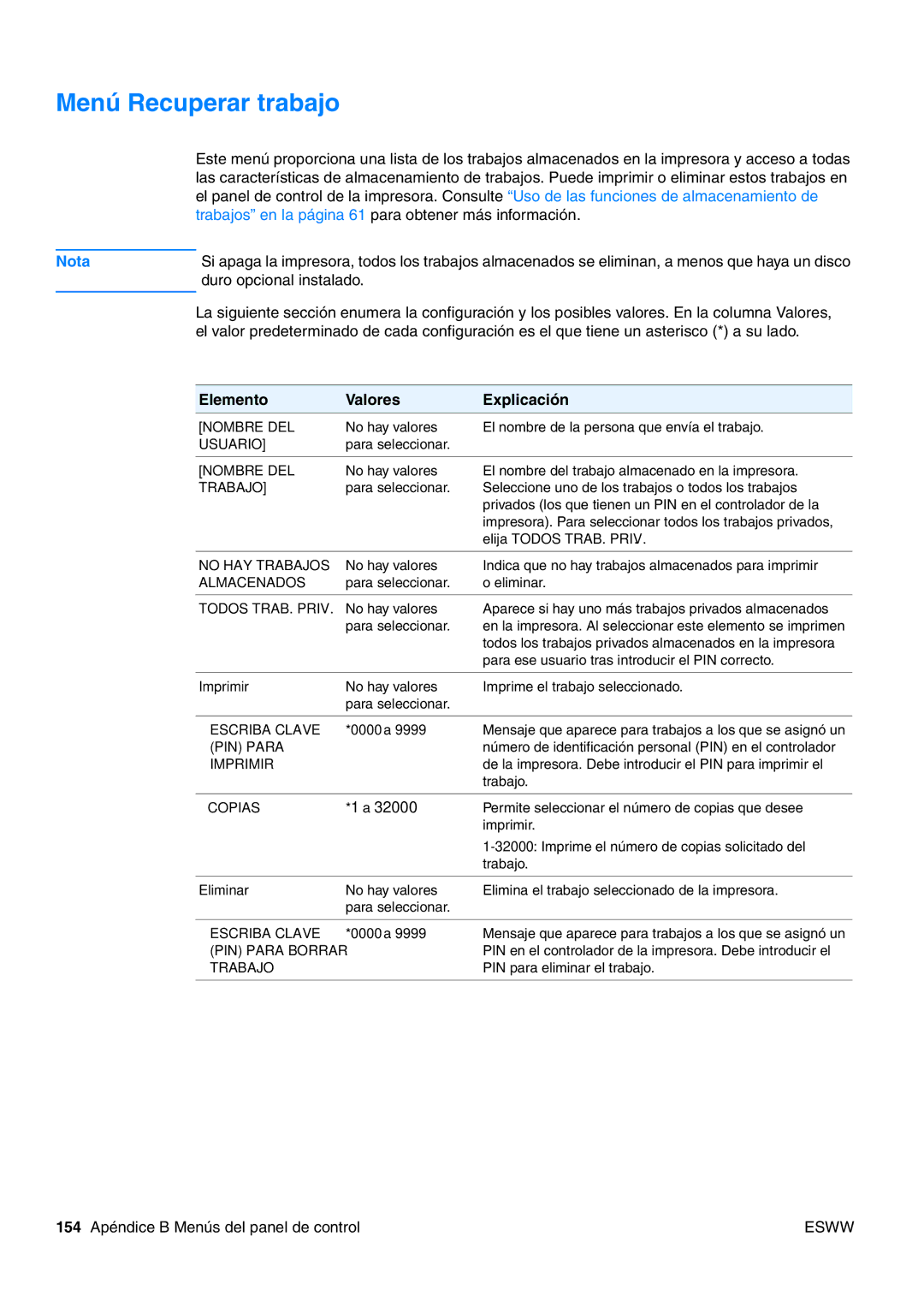 HP USO 2300 manual Menú Recuperar trabajo, Elemento Valores Explicación 