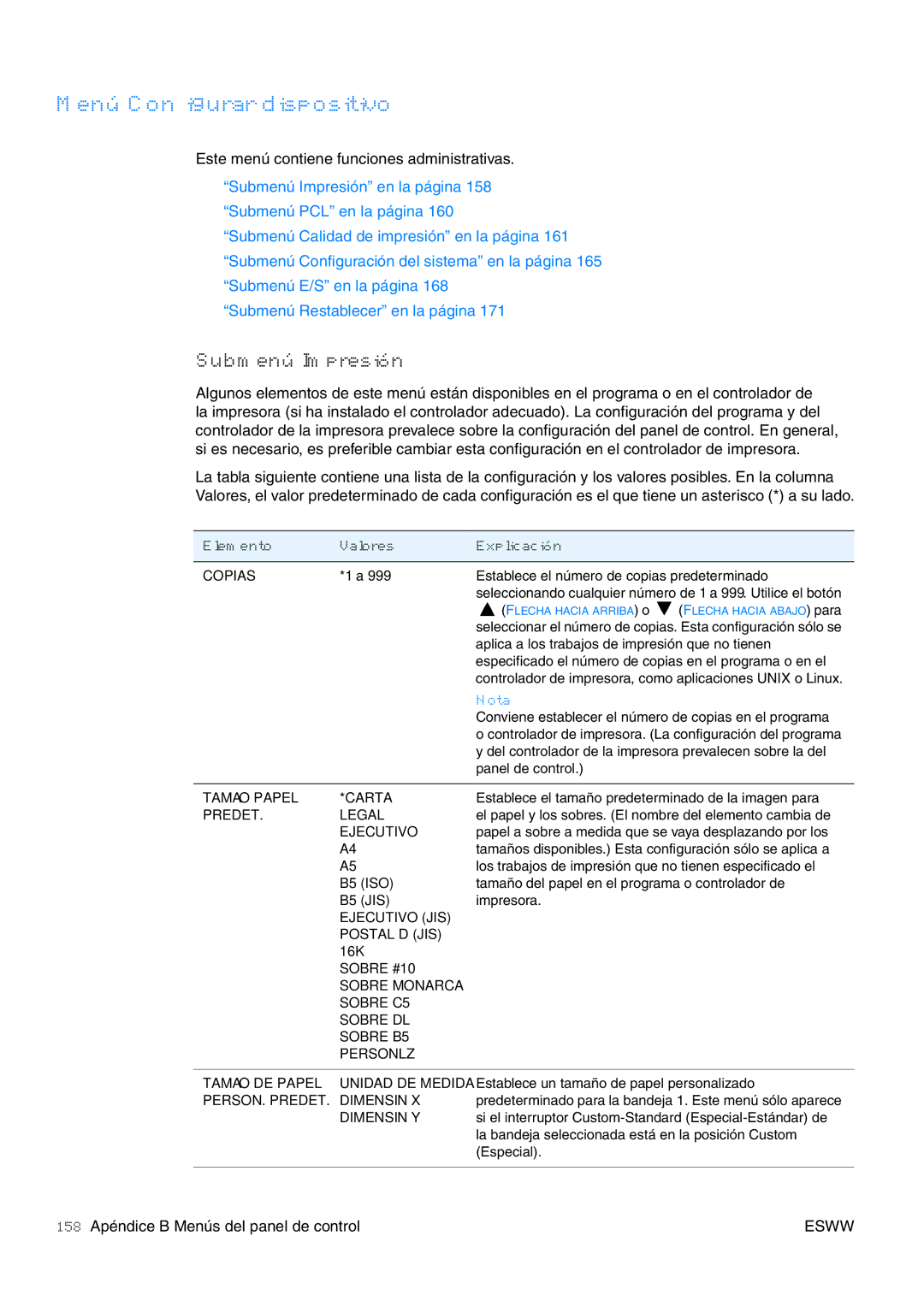 HP USO 2300 manual Menú Configurar dispositivo, Submenú Impresión 