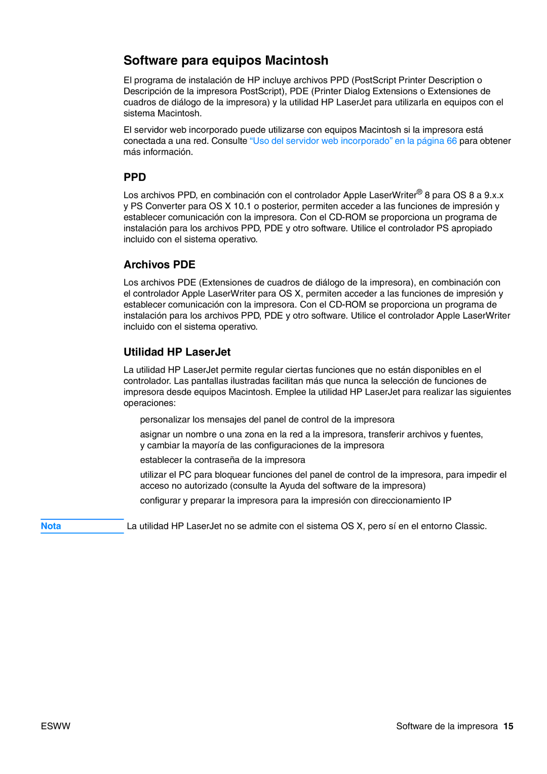 HP USO 2300 manual Software para equipos Macintosh, Archivos PDE, Utilidad HP LaserJet 