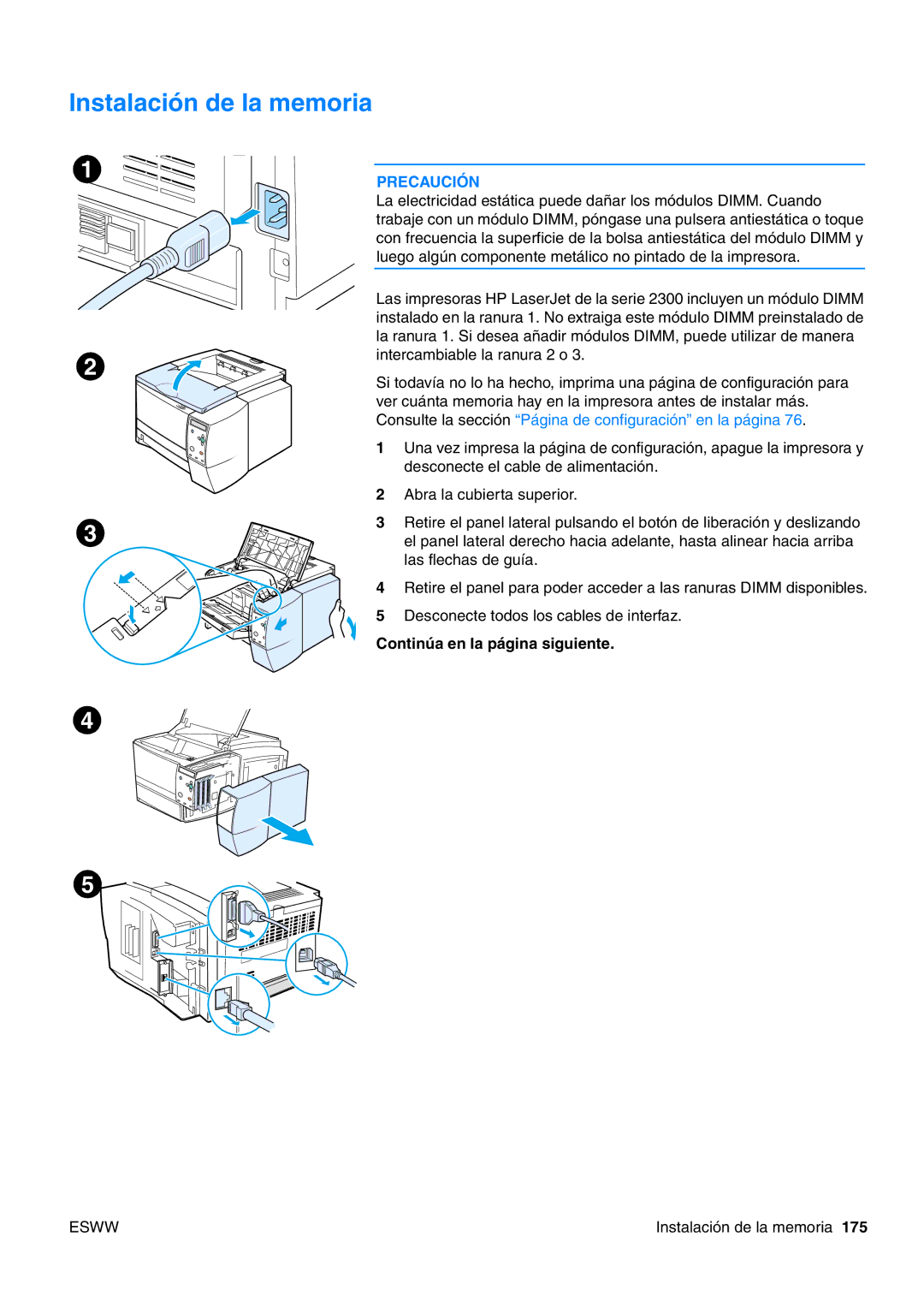 HP USO 2300 manual Instalación de la memoria, Continúa en la página siguiente 