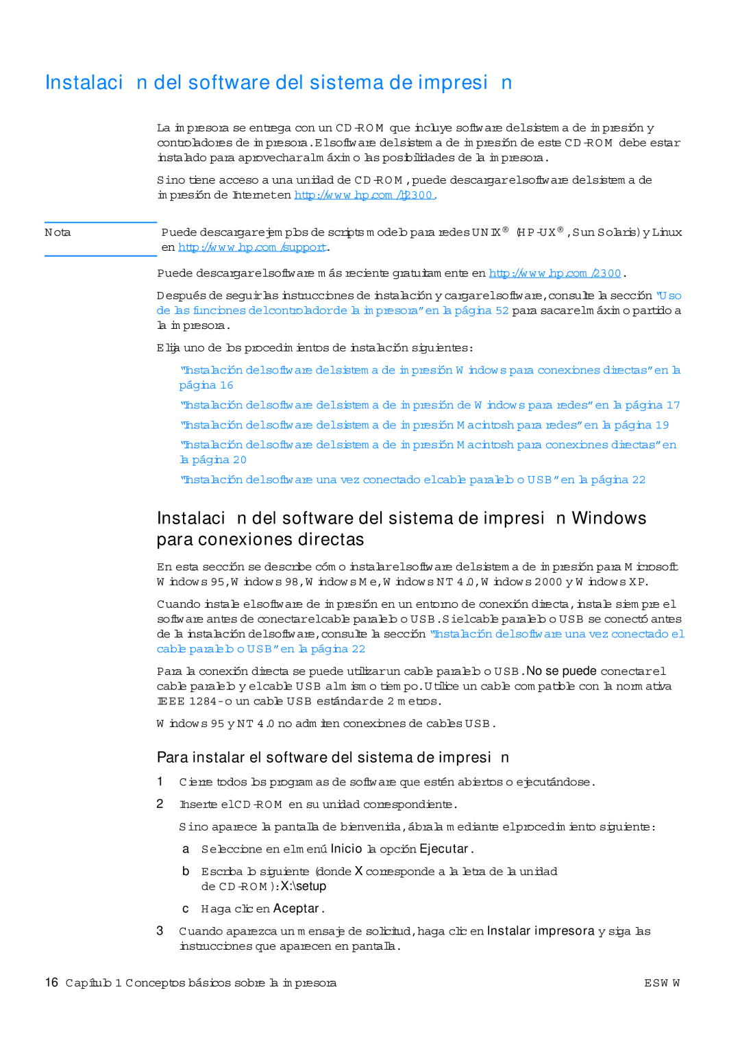 HP USO 2300 manual Instalación del software del sistema de impresión Windows, Para conexiones directas 