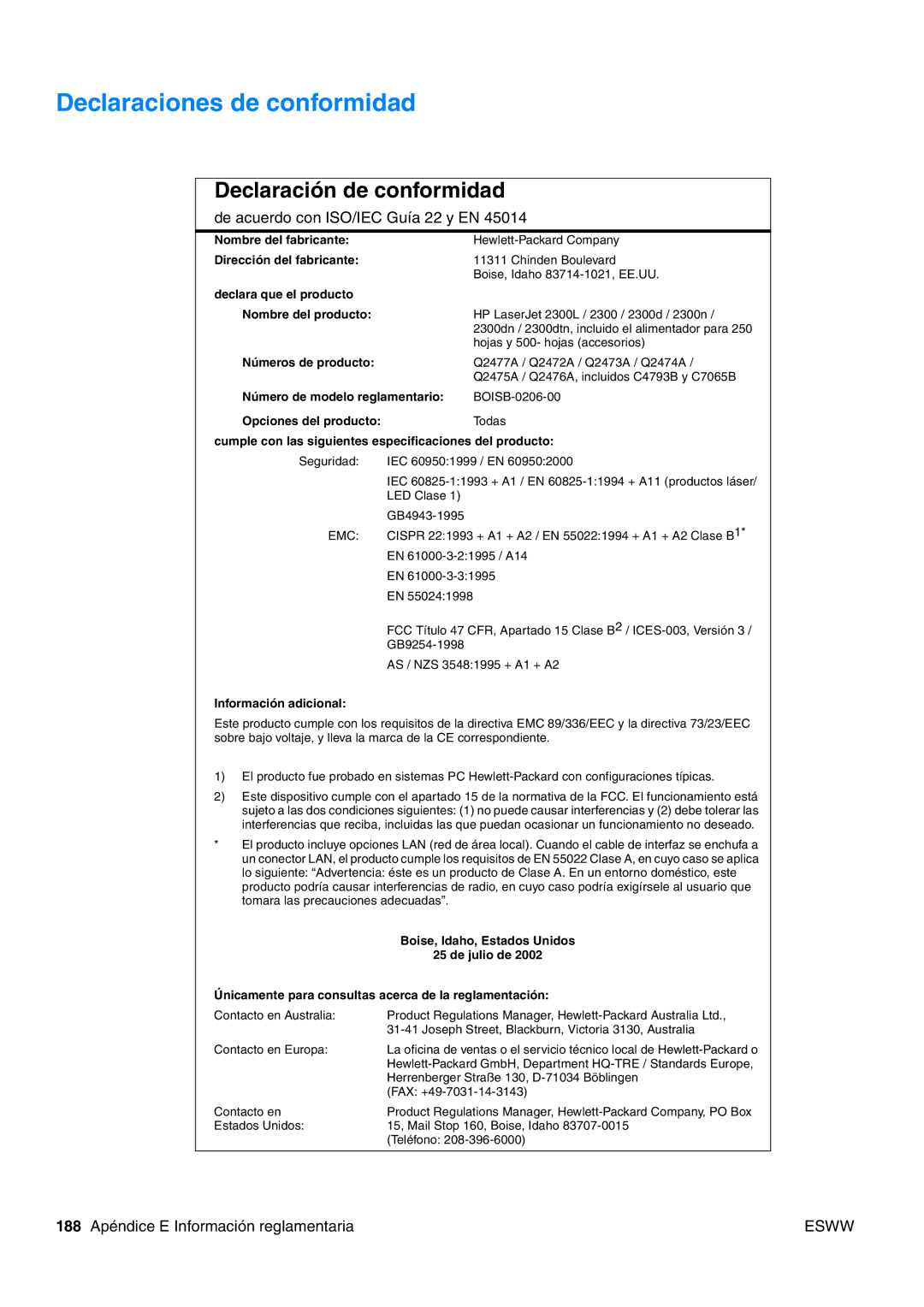 HP USO 2300 manual Declaraciones de conformidad, Declaración de conformidad 