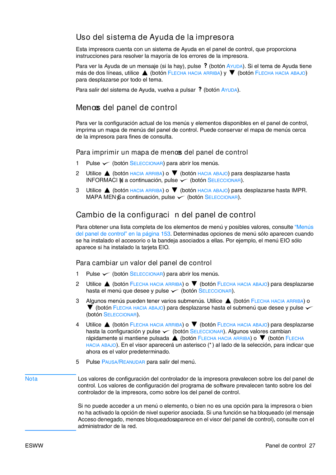 HP USO 2300 manual Uso del sistema de Ayuda de la impresora, Menús del panel de control 