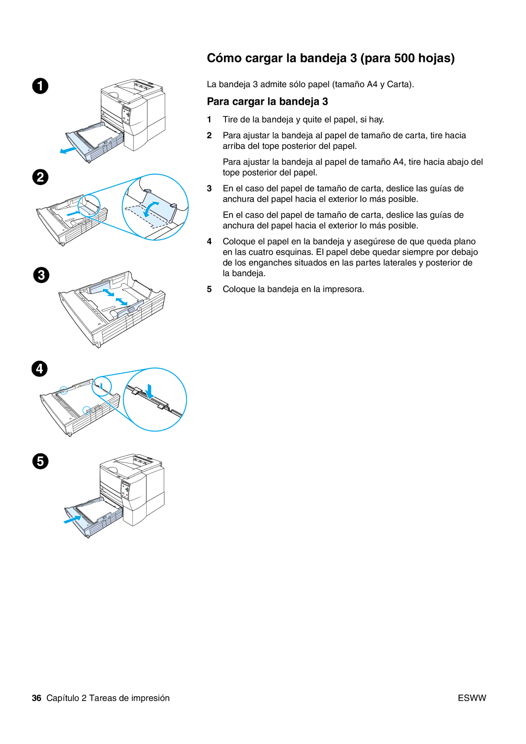 HP USO 2300 manual Cómo cargar la bandeja 3 para 500 hojas 