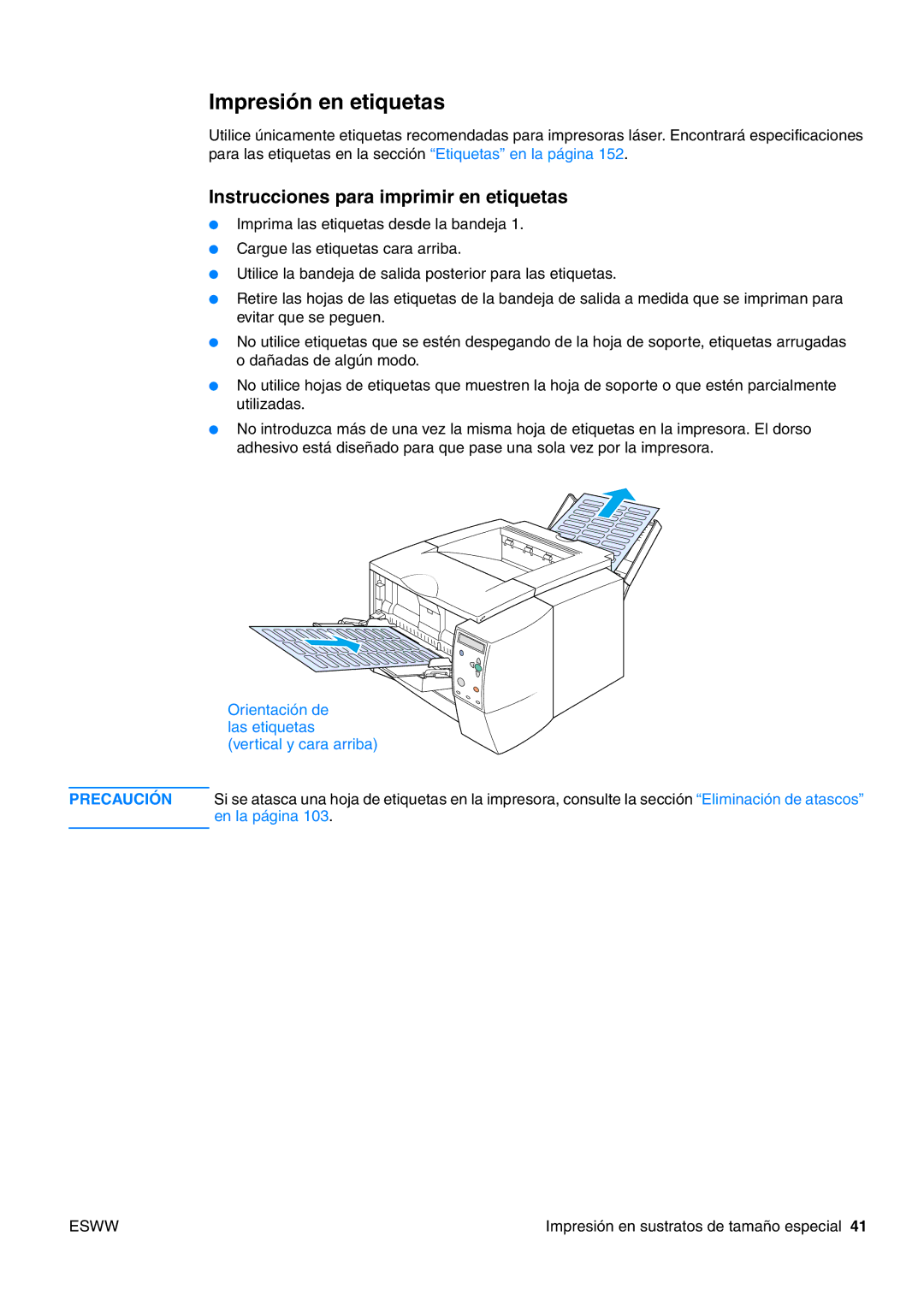 HP USO 2300 manual Impresión en etiquetas, Instrucciones para imprimir en etiquetas 