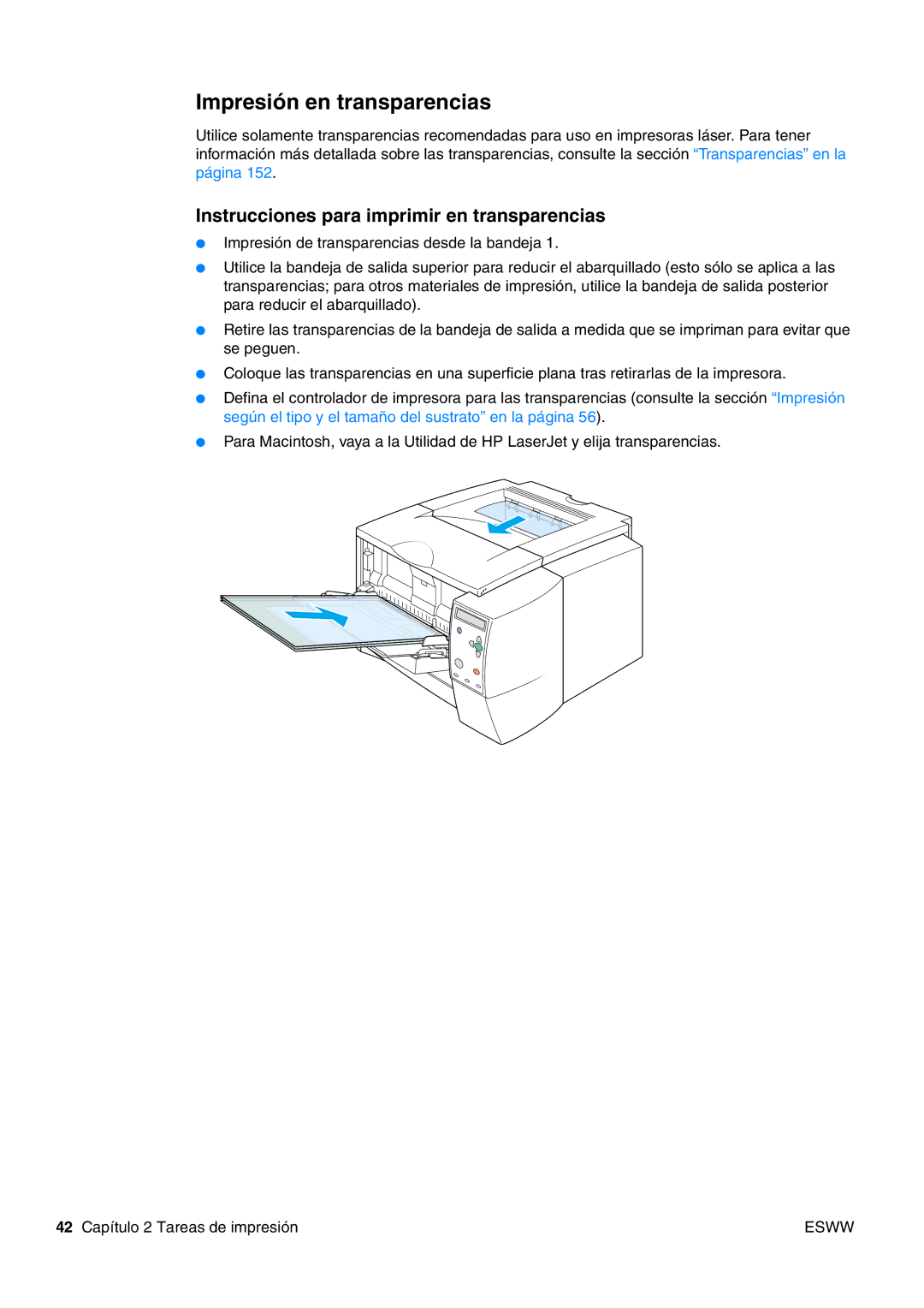 HP USO 2300 manual Impresión en transparencias, Instrucciones para imprimir en transparencias 