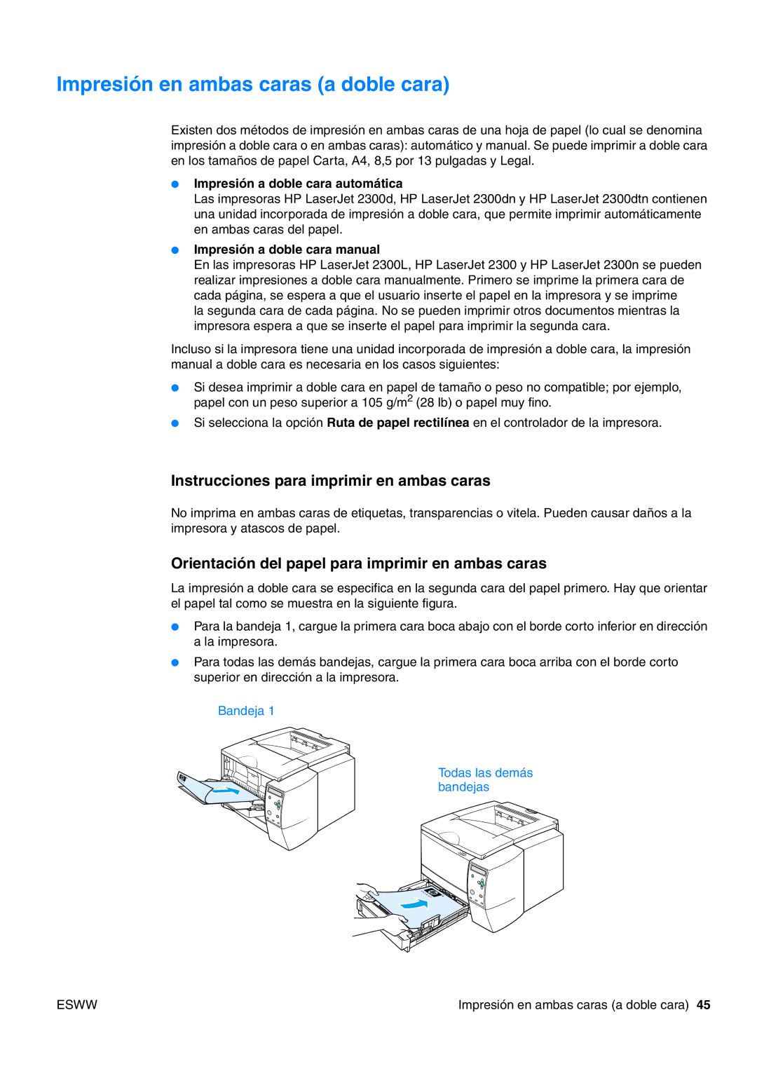 HP USO 2300 manual Impresión en ambas caras a doble cara, Instrucciones para imprimir en ambas caras 