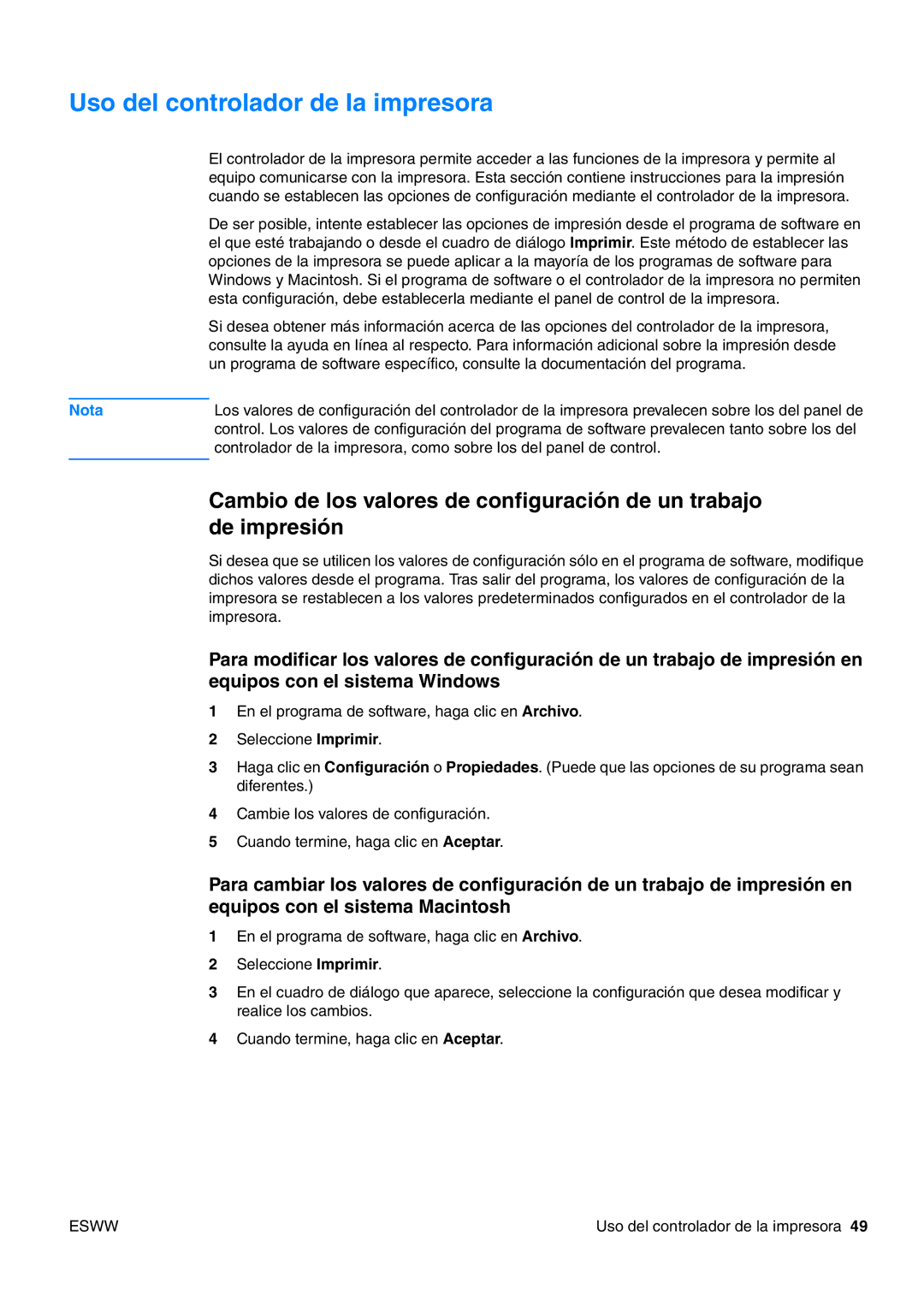 HP USO 2300 manual Uso del controlador de la impresora 