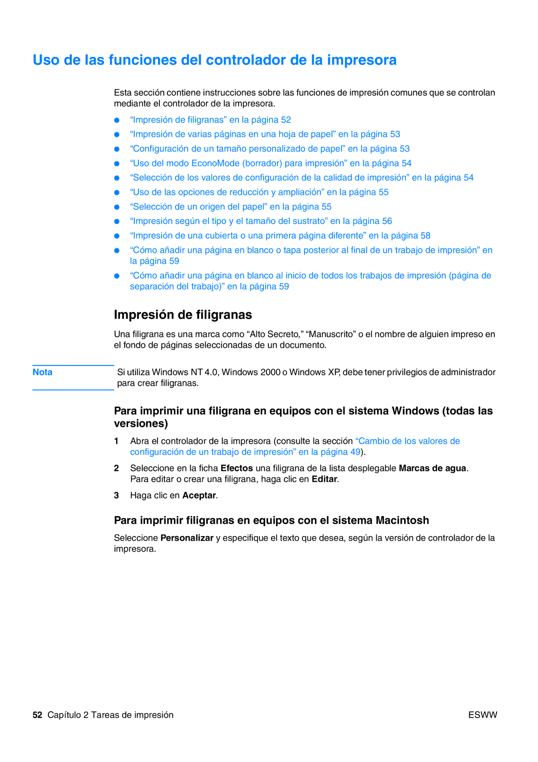 HP USO 2300 manual Uso de las funciones del controlador de la impresora, Impresión de filigranas 