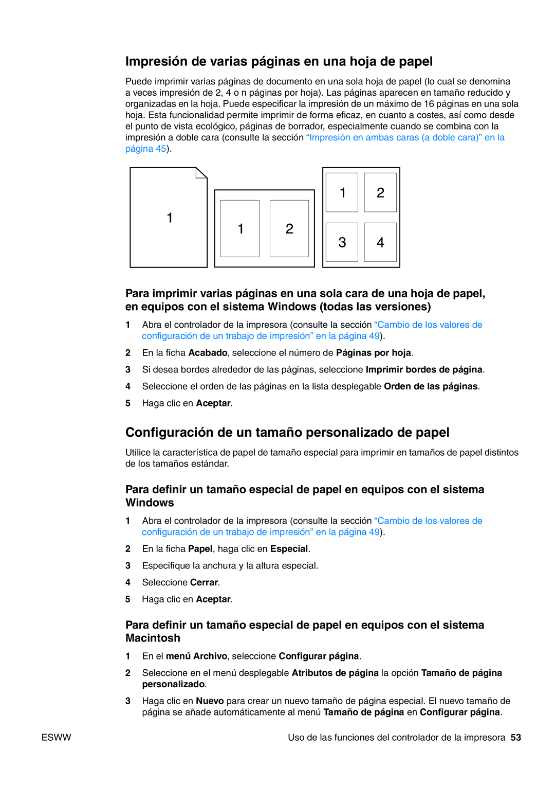 HP USO 2300 manual Impresión de varias páginas en una hoja de papel, Configuración de un tamaño personalizado de papel 