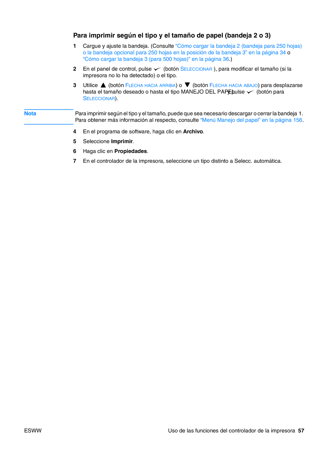 HP USO 2300 manual Para imprimir según el tipo y el tamaño de papel bandeja 2 o 