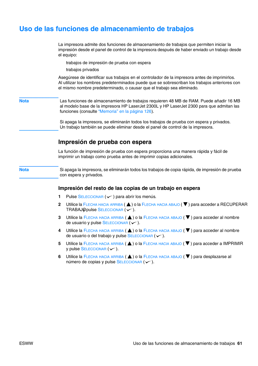 HP USO 2300 manual Uso de las funciones de almacenamiento de trabajos, Impresión de prueba con espera 