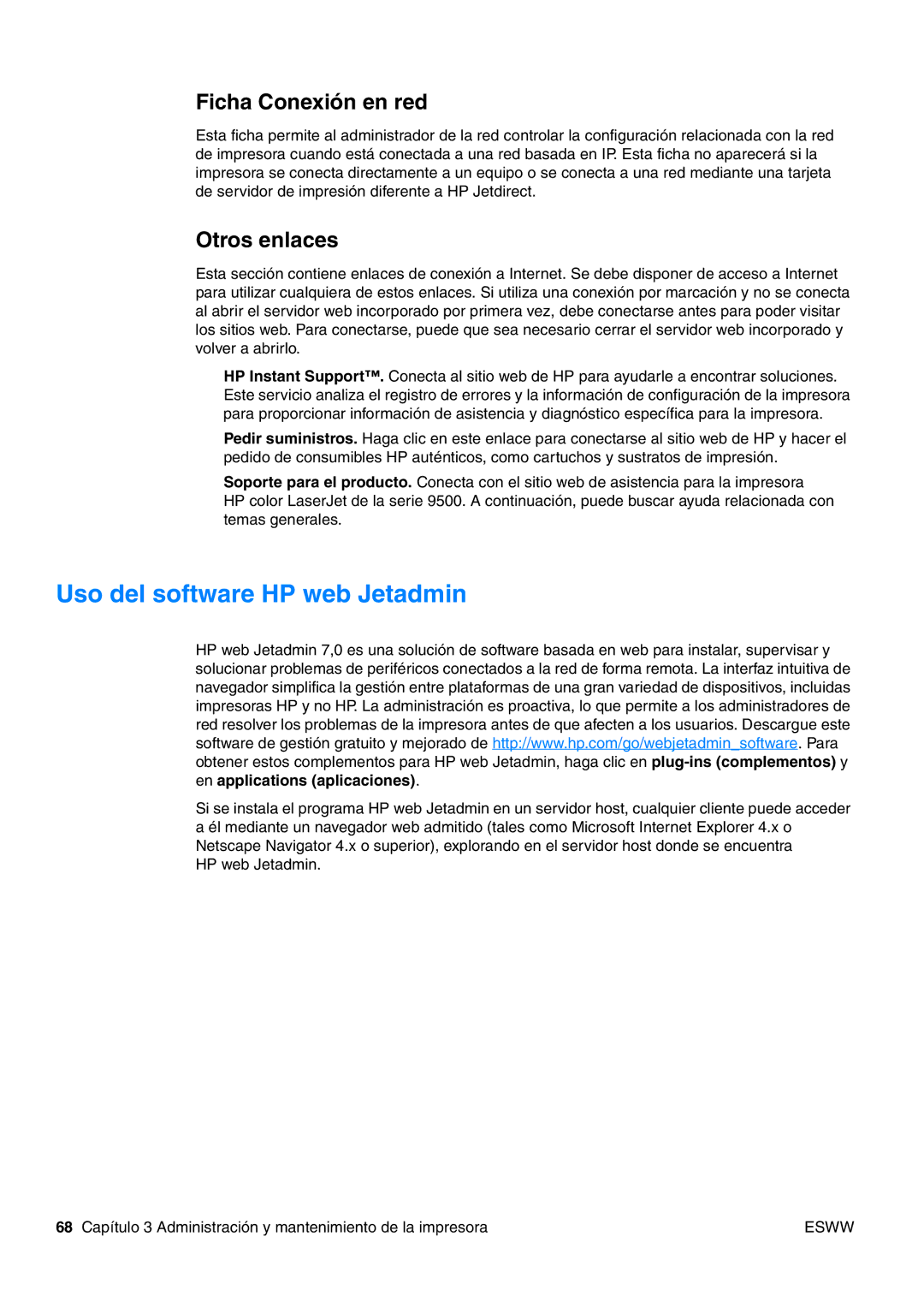 HP USO 2300 manual Uso del software HP web Jetadmin, Ficha Conexión en red, Otros enlaces 